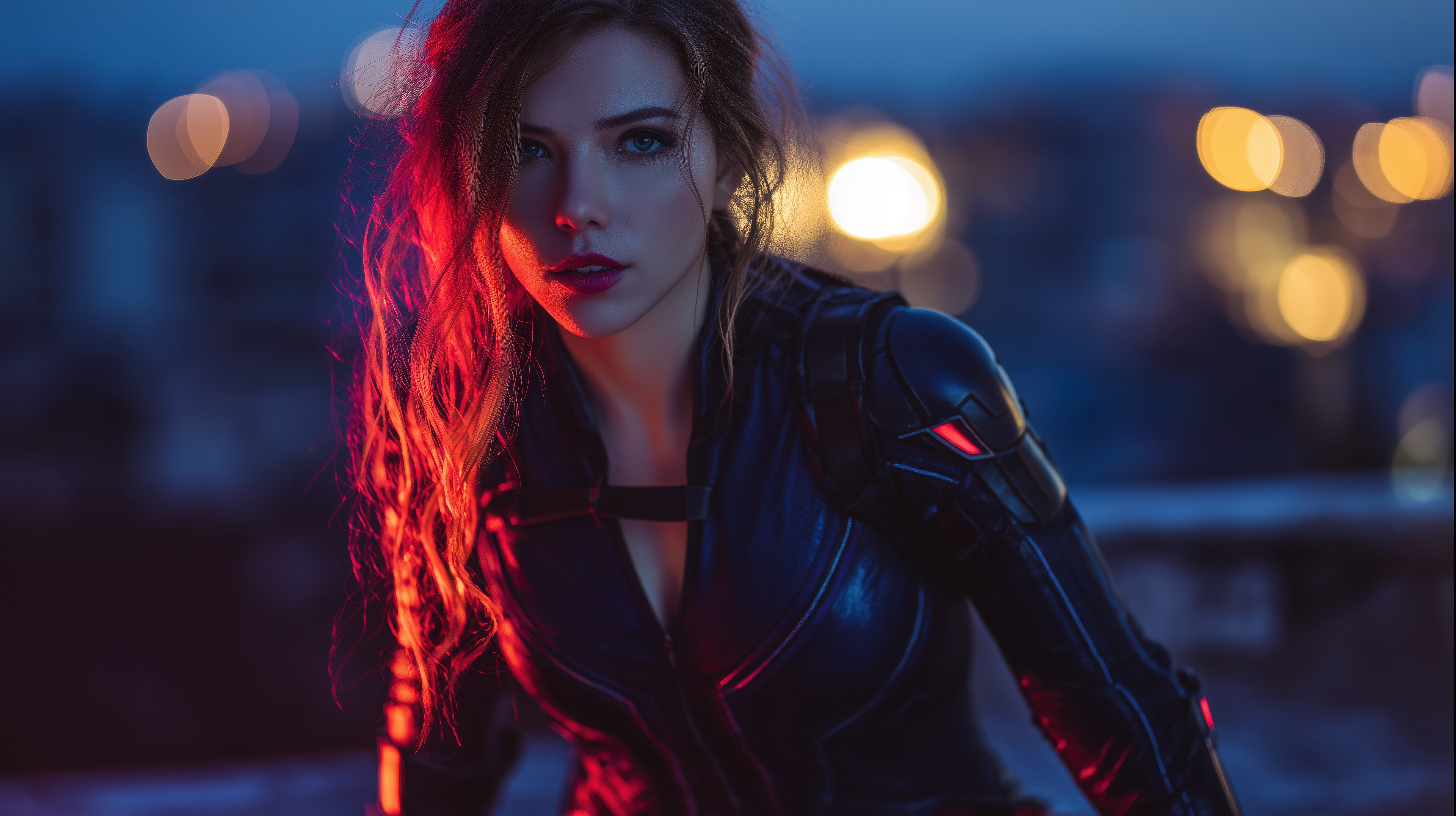 Natasha Romanoff in a black suit with red accents HD Wallpaper