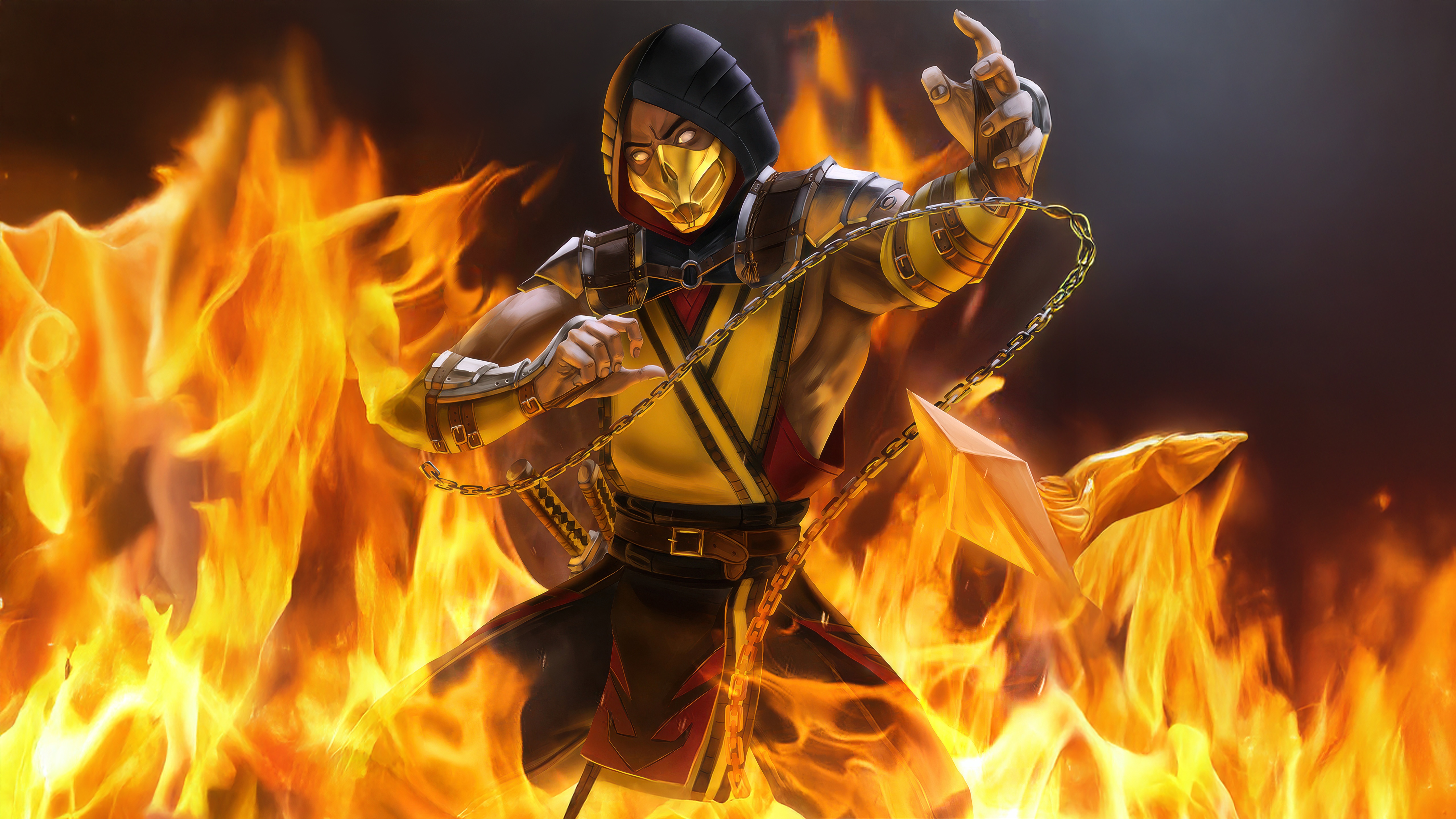 Scorpion from Mortal Kombat surrounded by fire HD Wallpaper