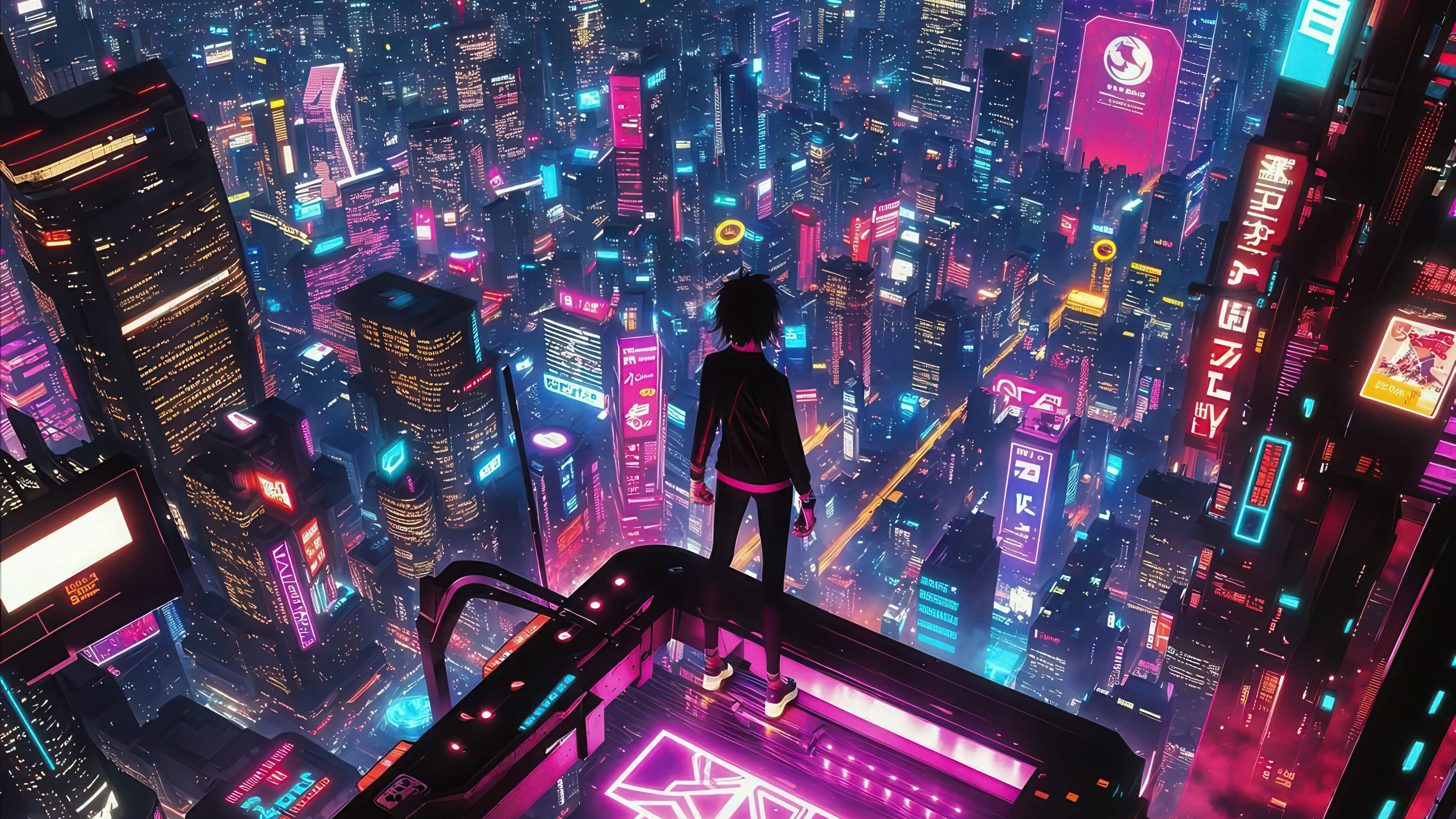 Girl Overlooking Futuristic Neon Cityscape HD Wallpaper