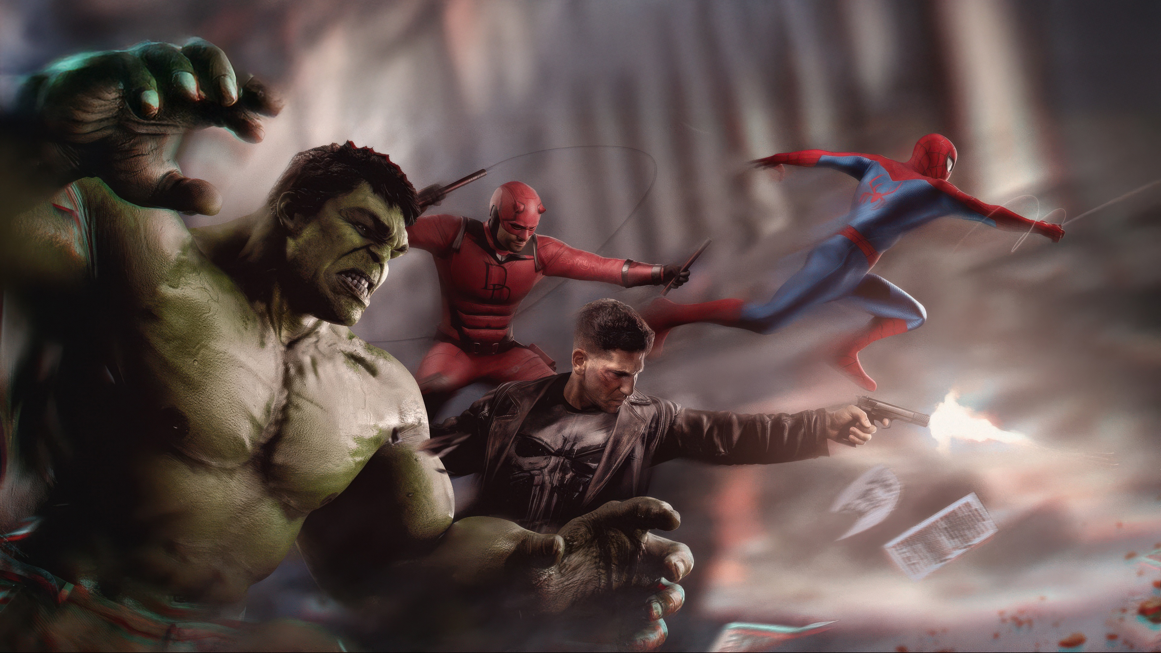 Hulk, Daredevil, Punisher, and Spider-Man in battle HD Wallpaper