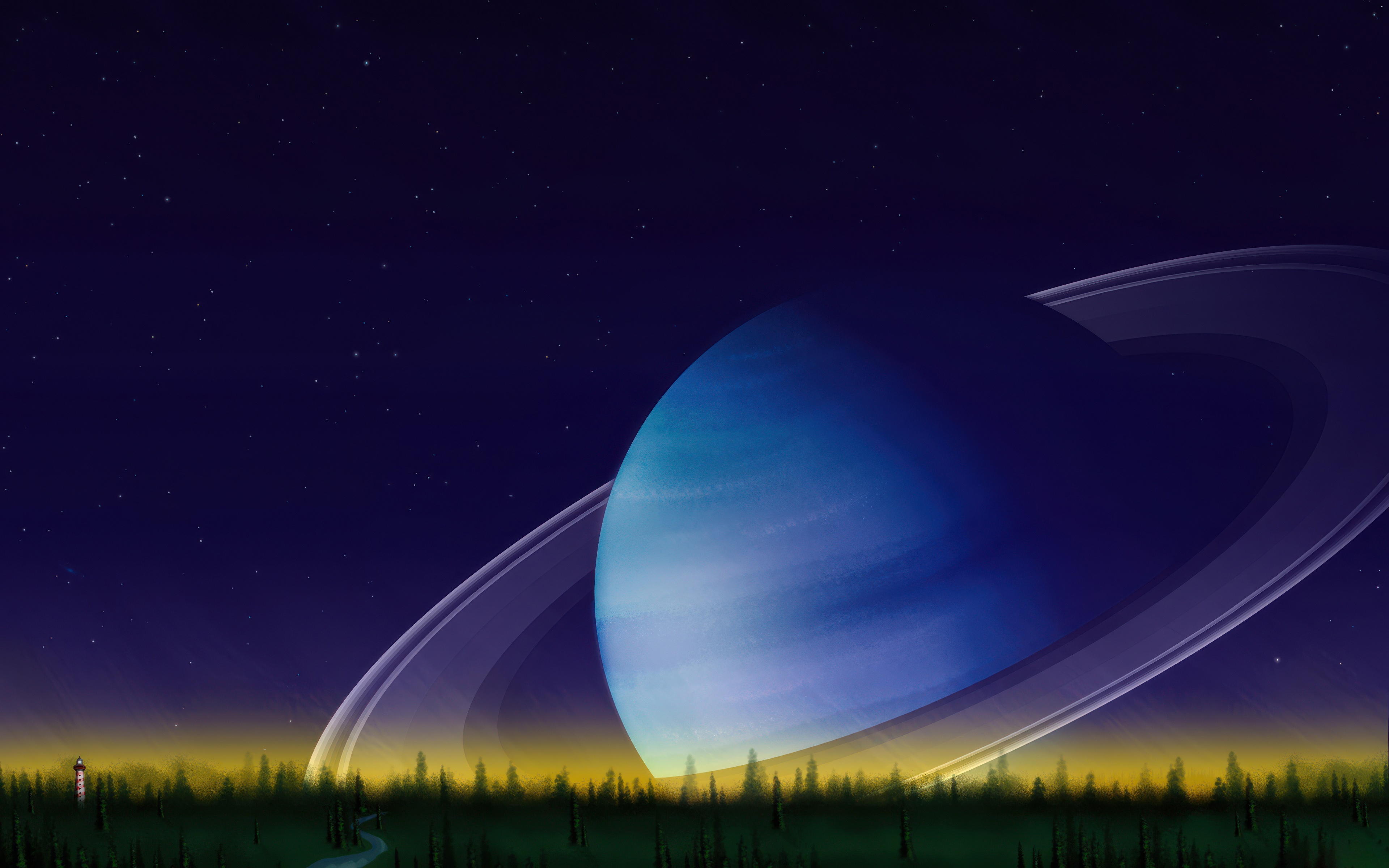 Saturn planet rising above a forest with a lighthouse HD Wallpaper