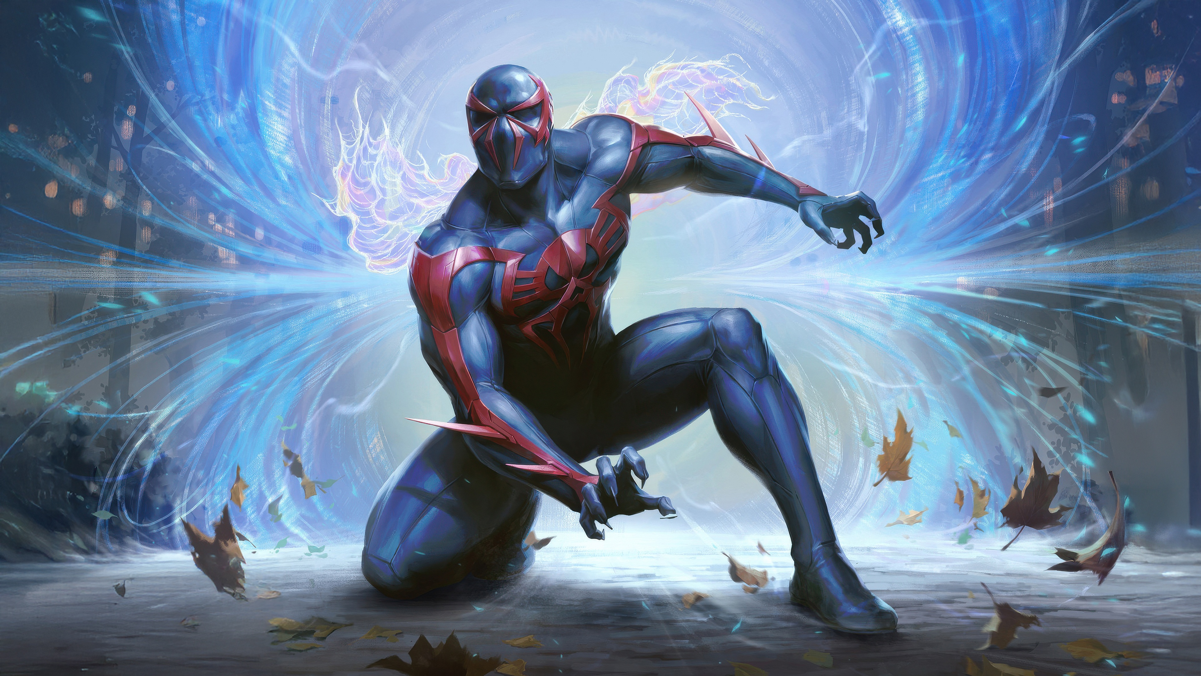Spider-Man 2099 in a blue and red suit HD Wallpaper