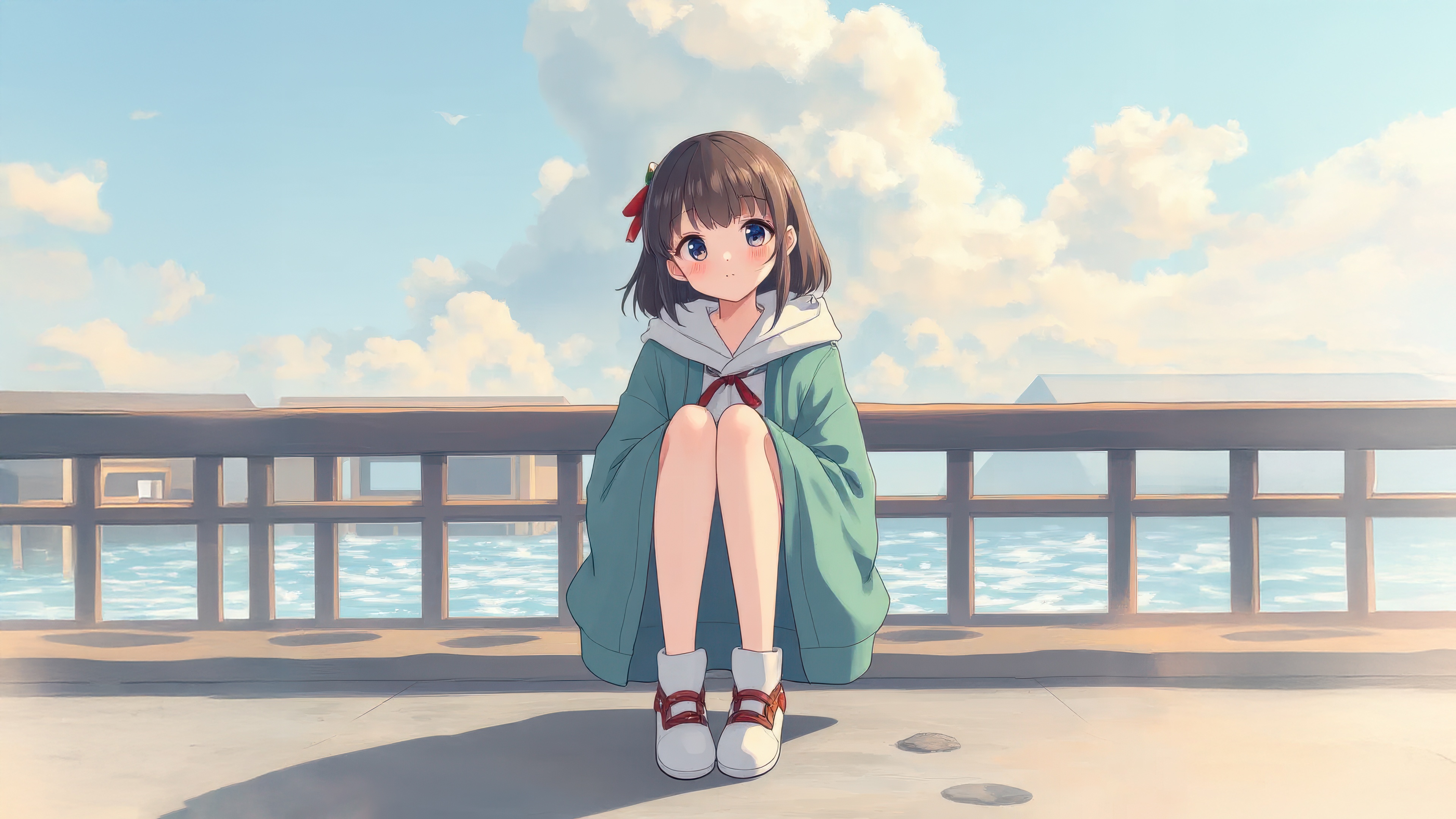 Anime girl relaxing on a seaside deck HD Wallpaper
