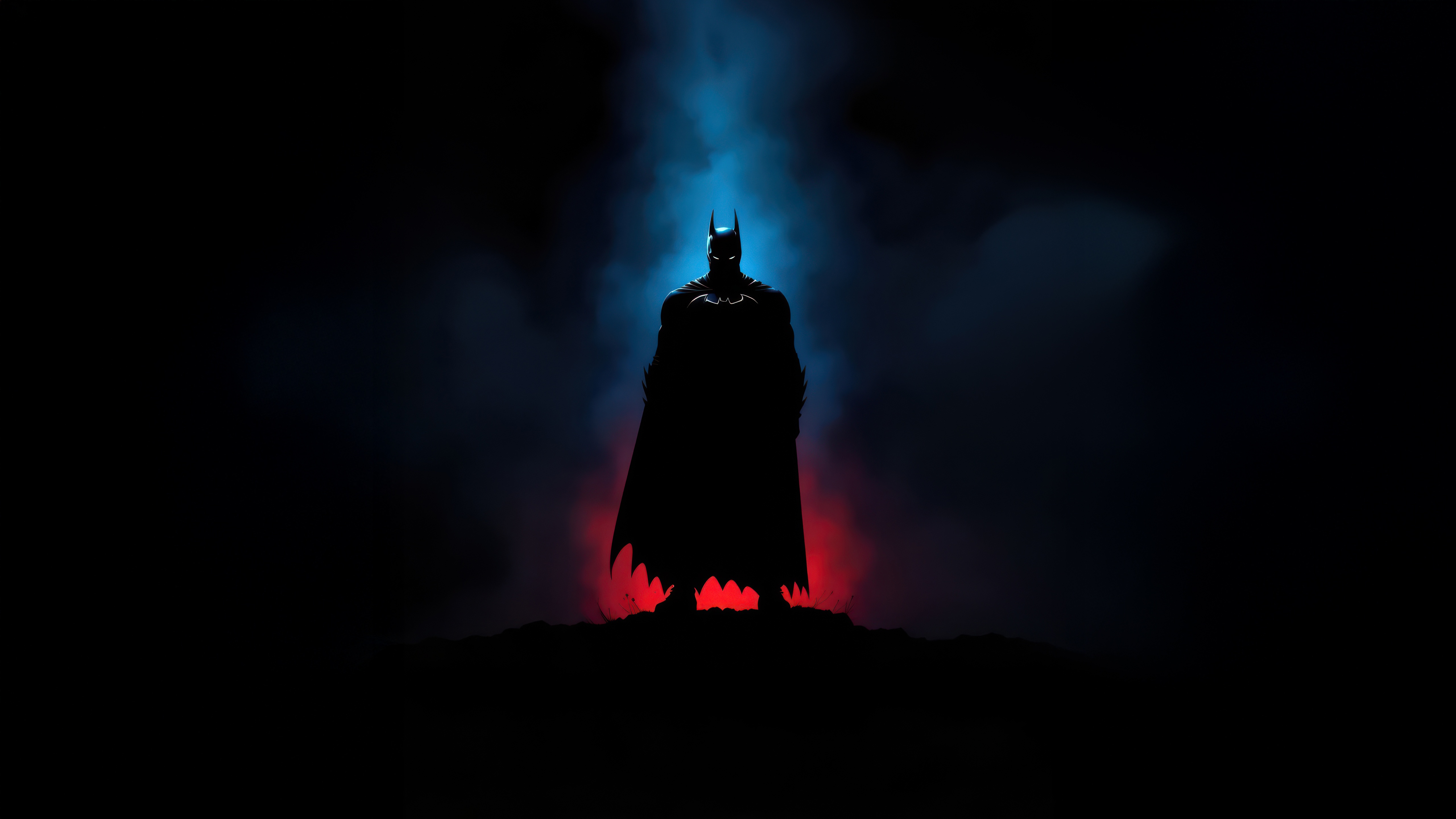 Batman standing in smoke with red and blue light HD Wallpaper
