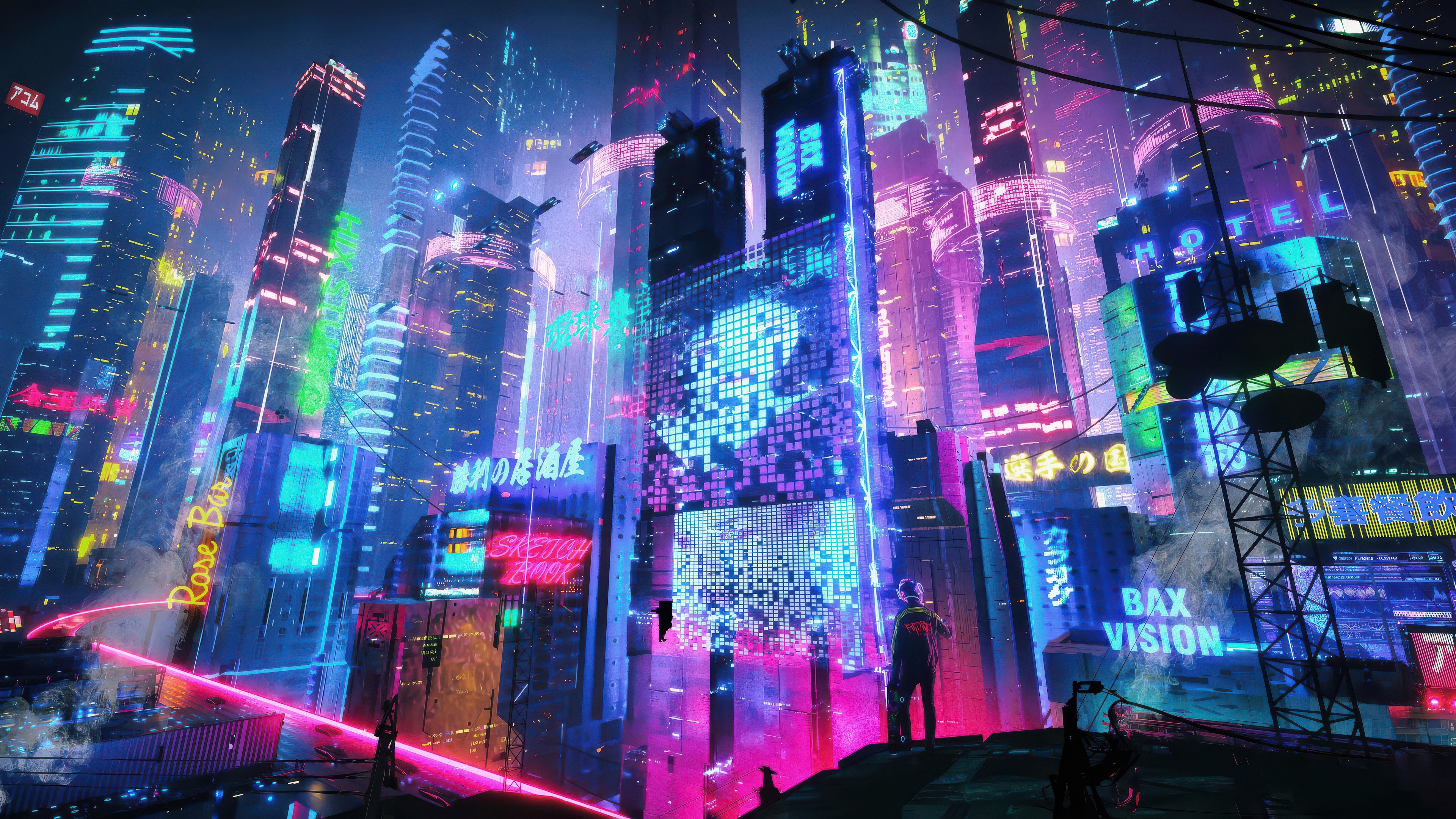 Cyberpunk Neon City with BAX VISION Hotel HD Wallpaper