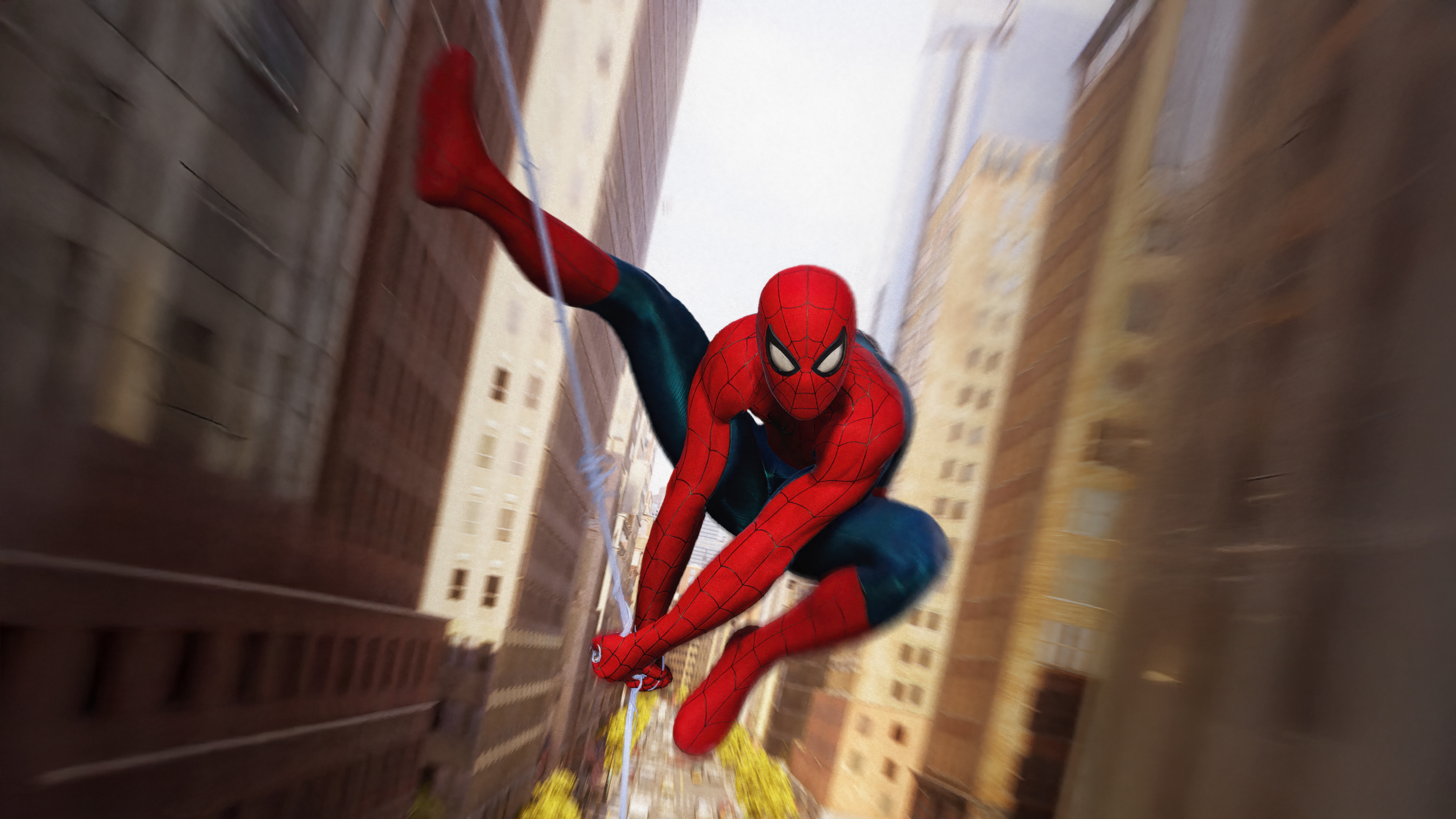 Spider-Man swings between city buildings HD Wallpaper