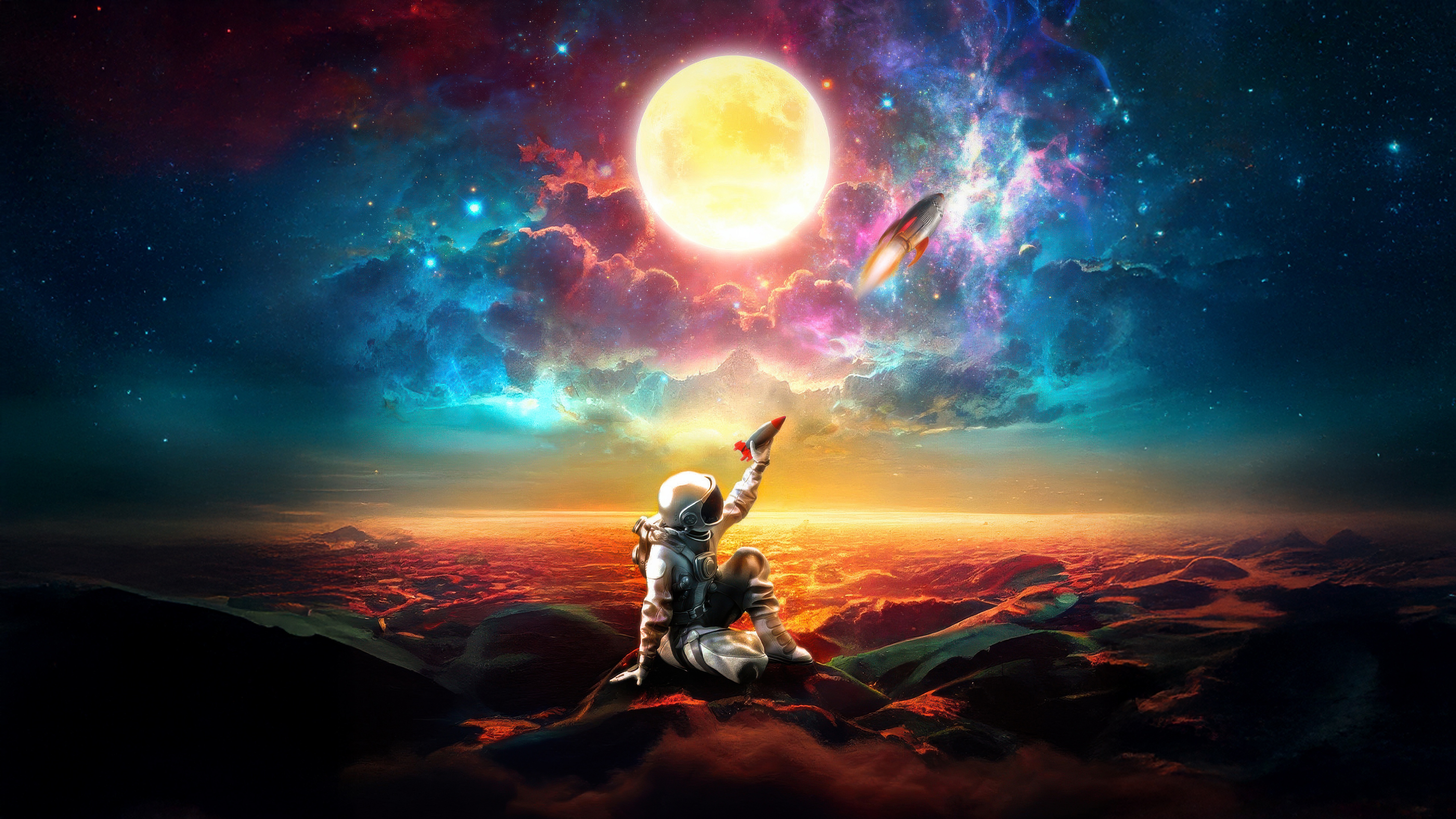 Astronaut on alien planet with moon and rocket HD Wallpaper
