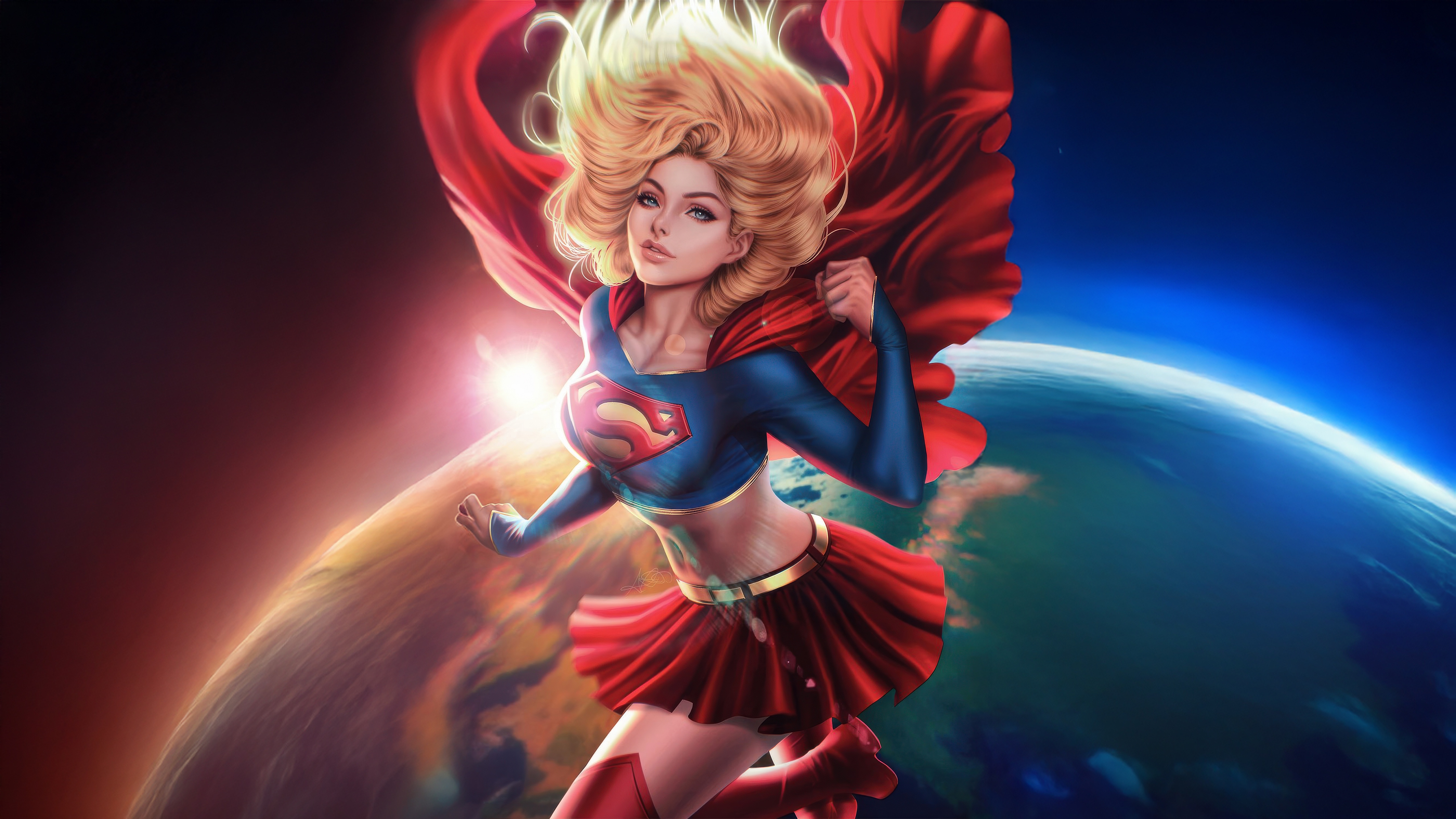 Supergirl flying in front of Earth HD Wallpaper