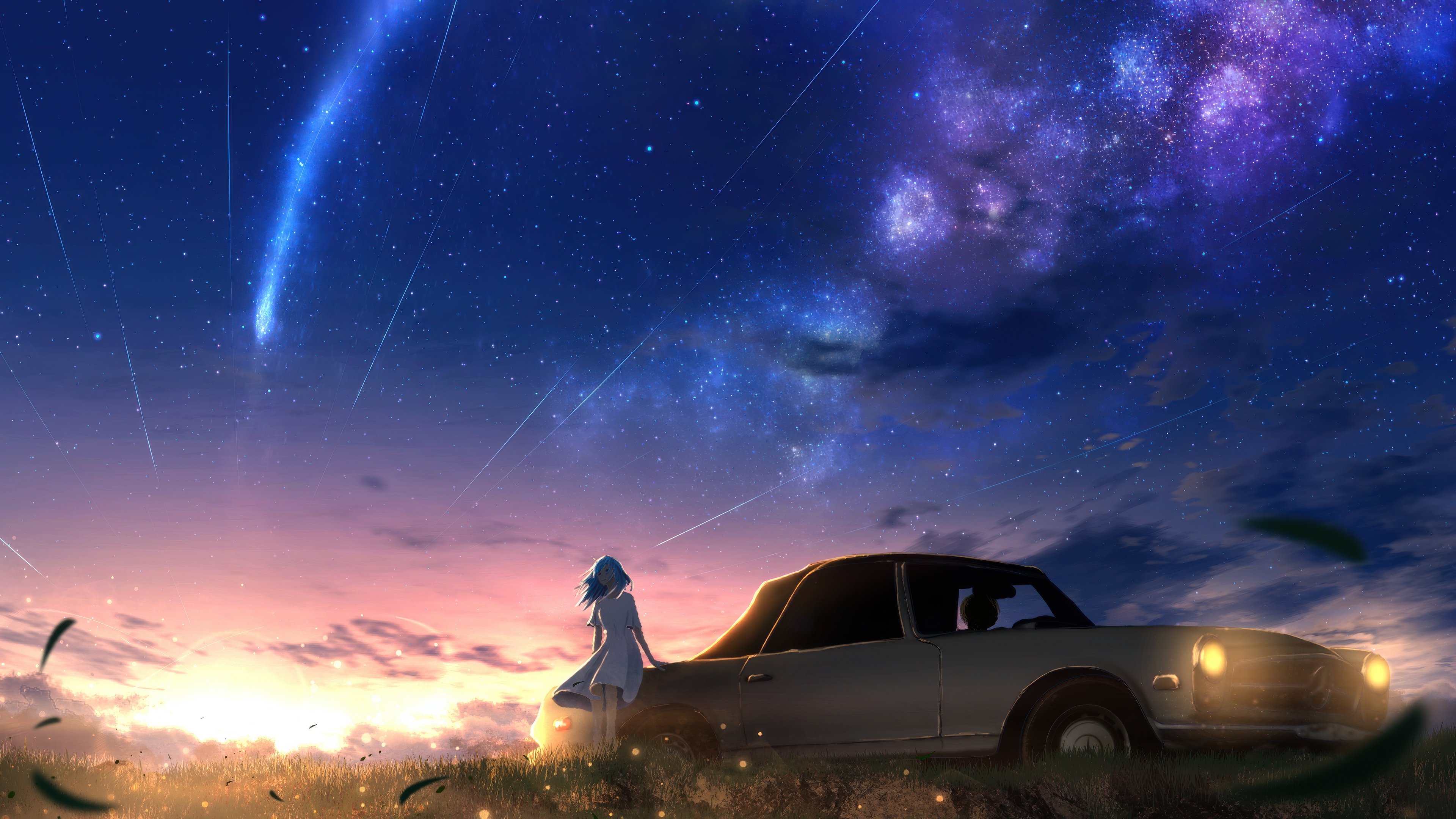 Anime girl and car under starry sky with shooting stars HD Wallpaper