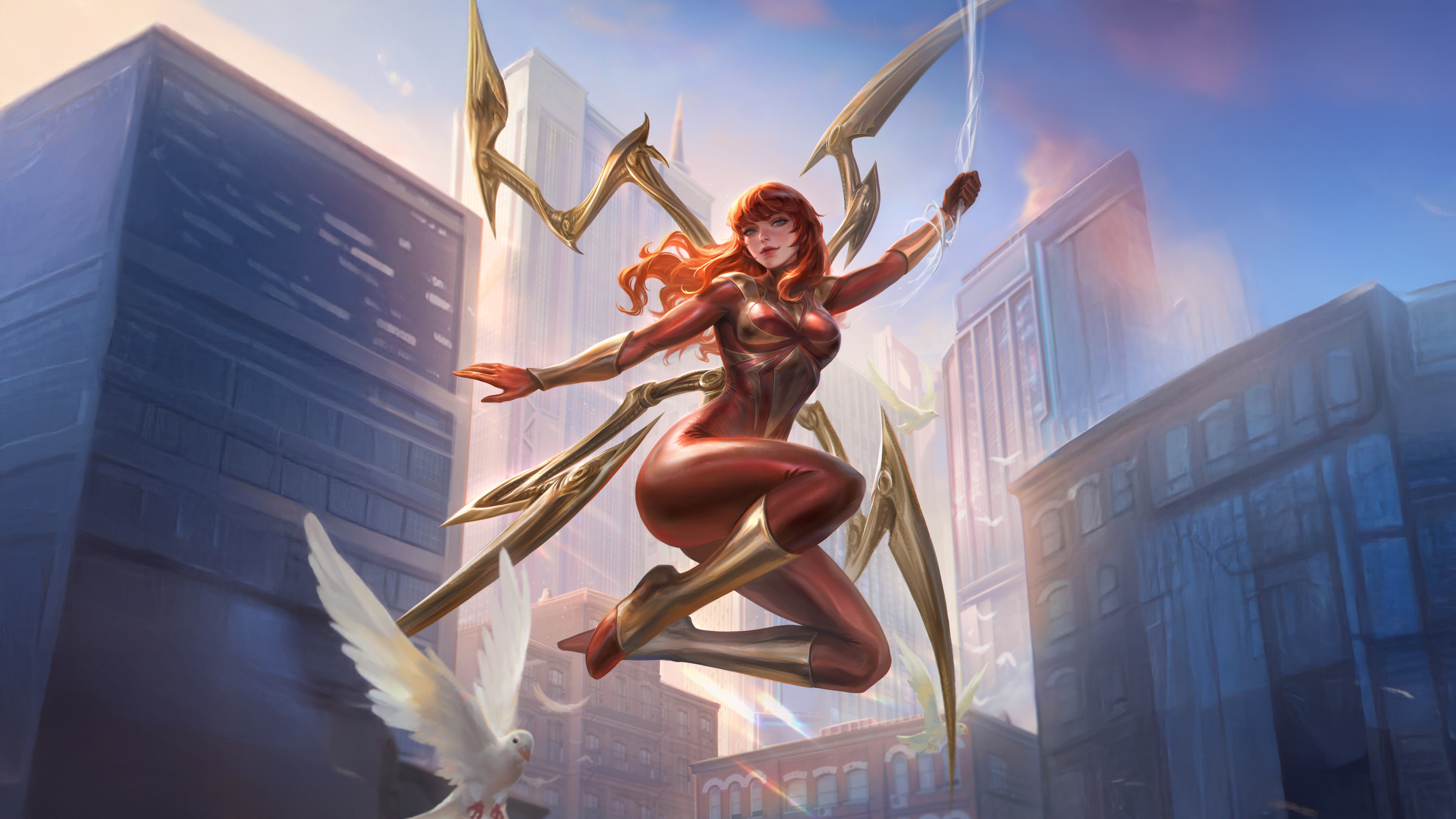 Iron Spider Mary Jane Swinging Through City HD Wallpaper