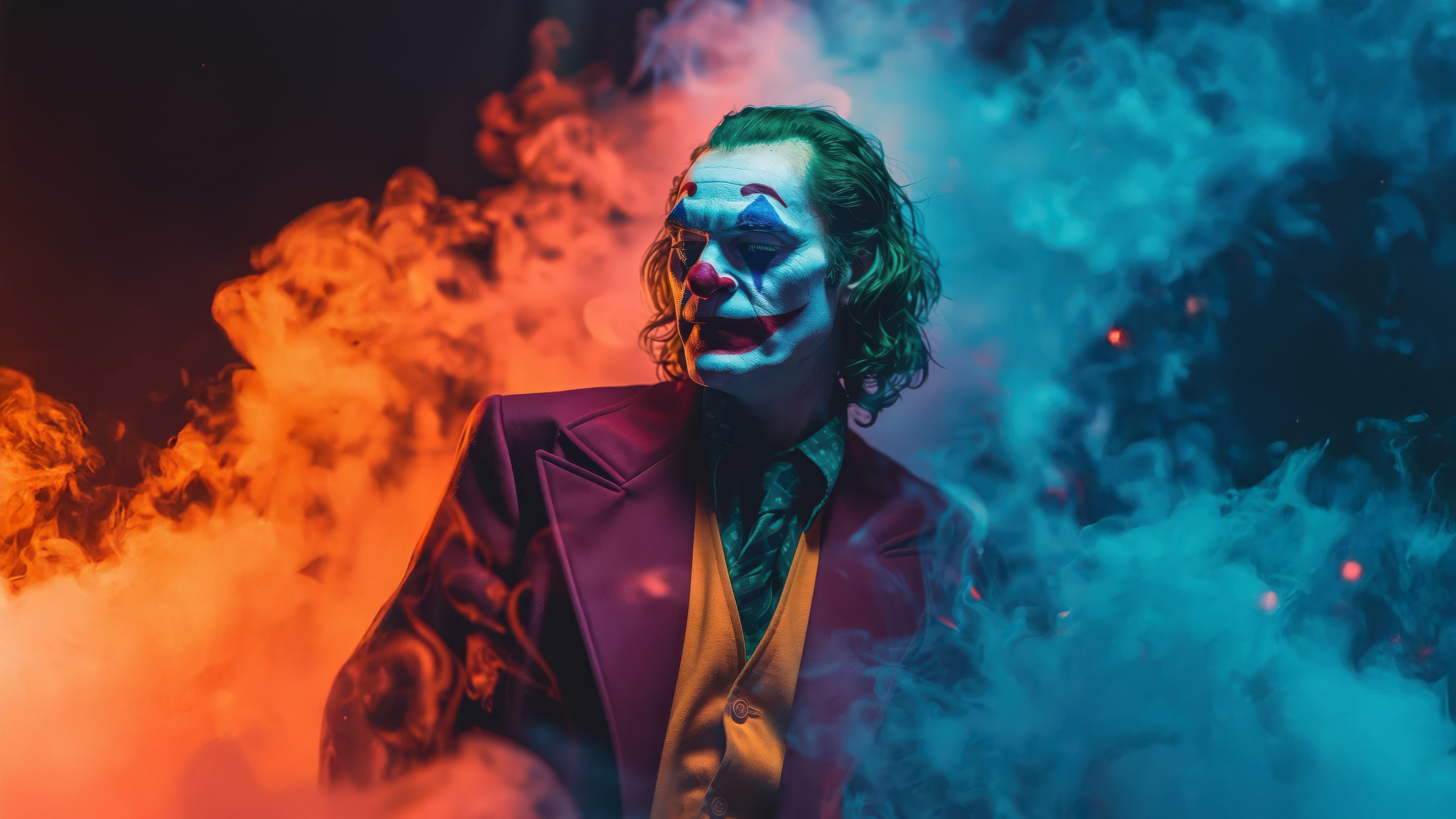 Joker surrounded by orange and blue smoke HD Wallpaper