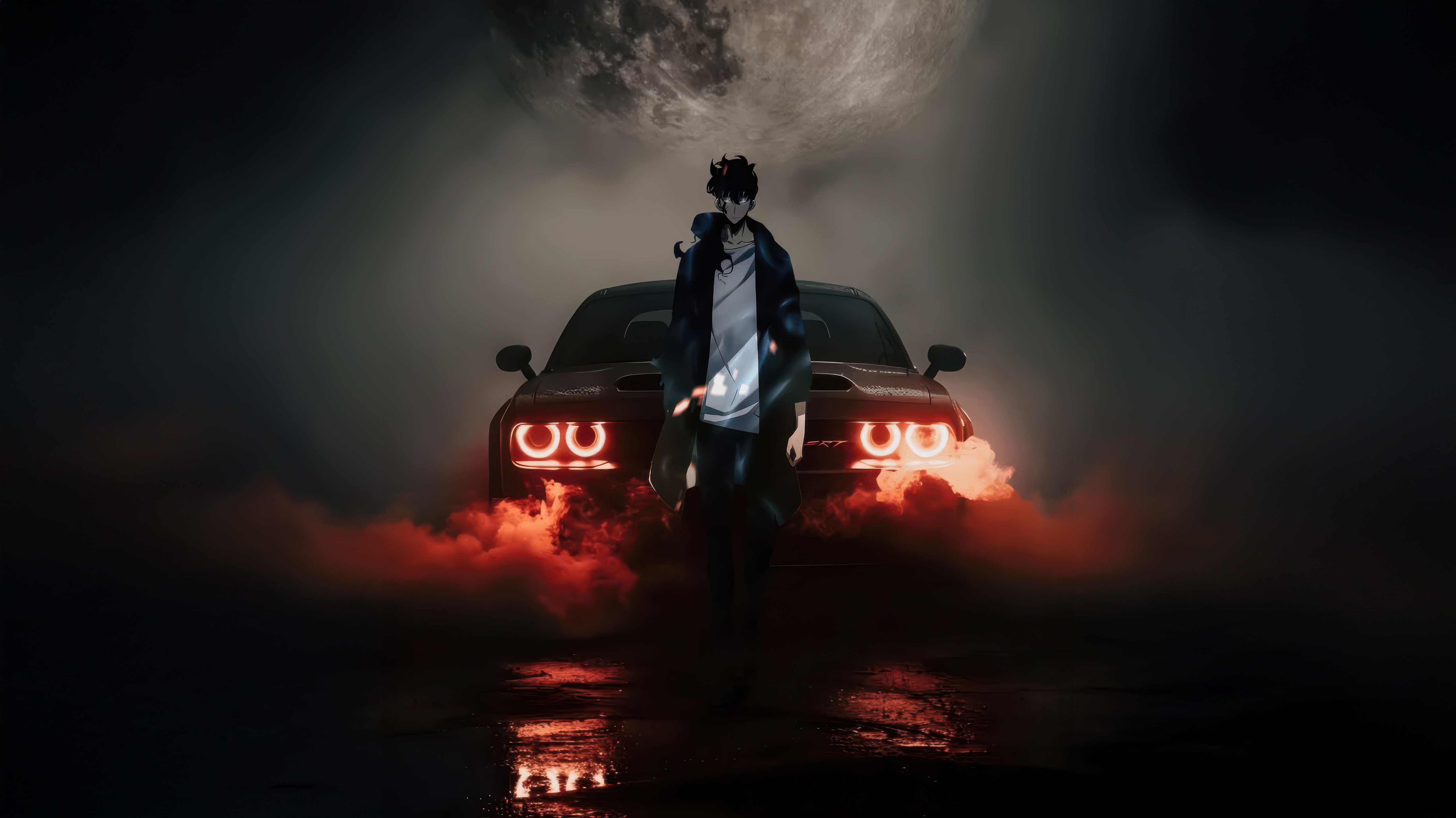 Sung Jin Woo and a Dodge Challenger HD Wallpaper