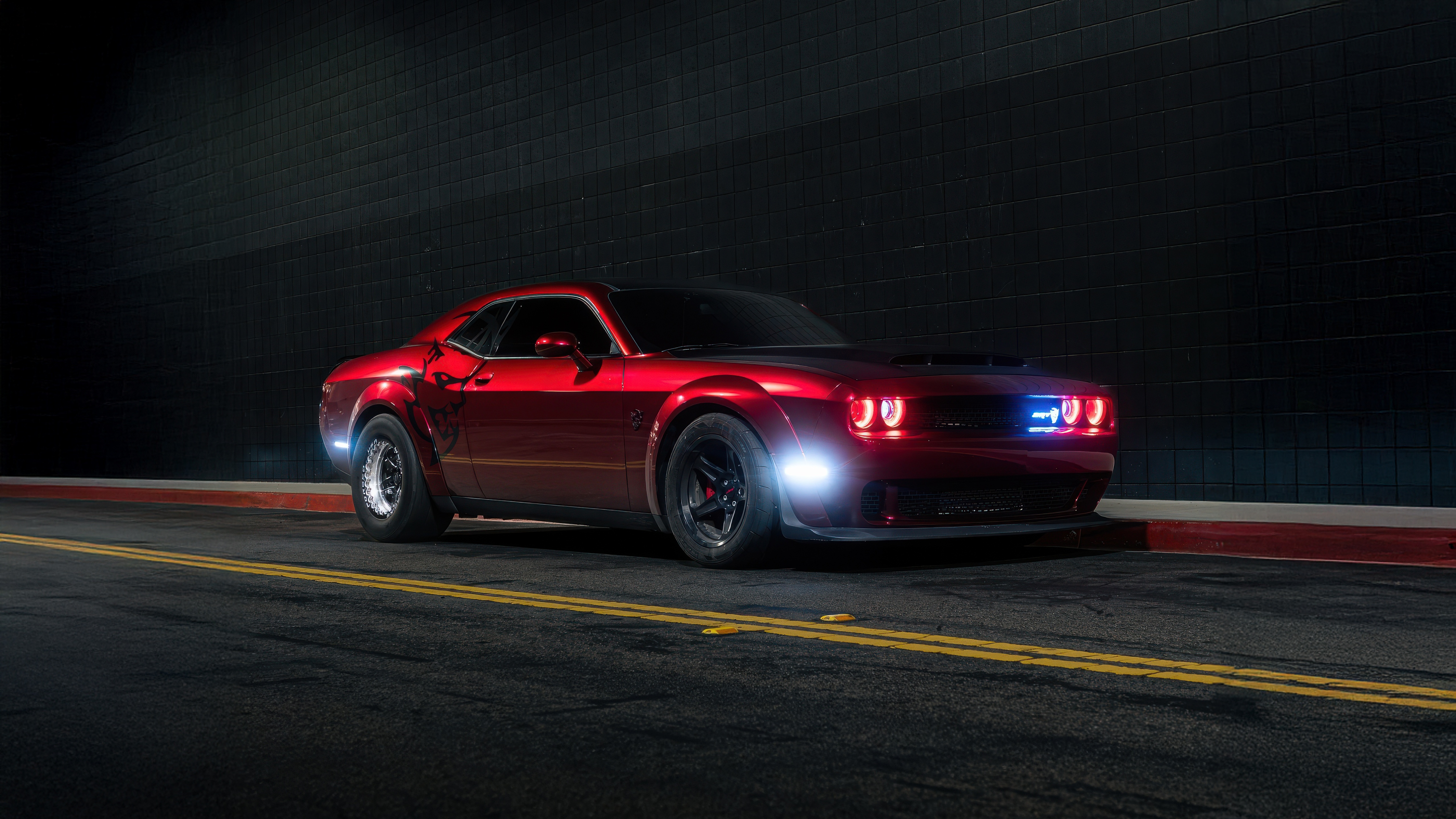 Red Dodge Challenger SRT on a dark street HD Wallpaper