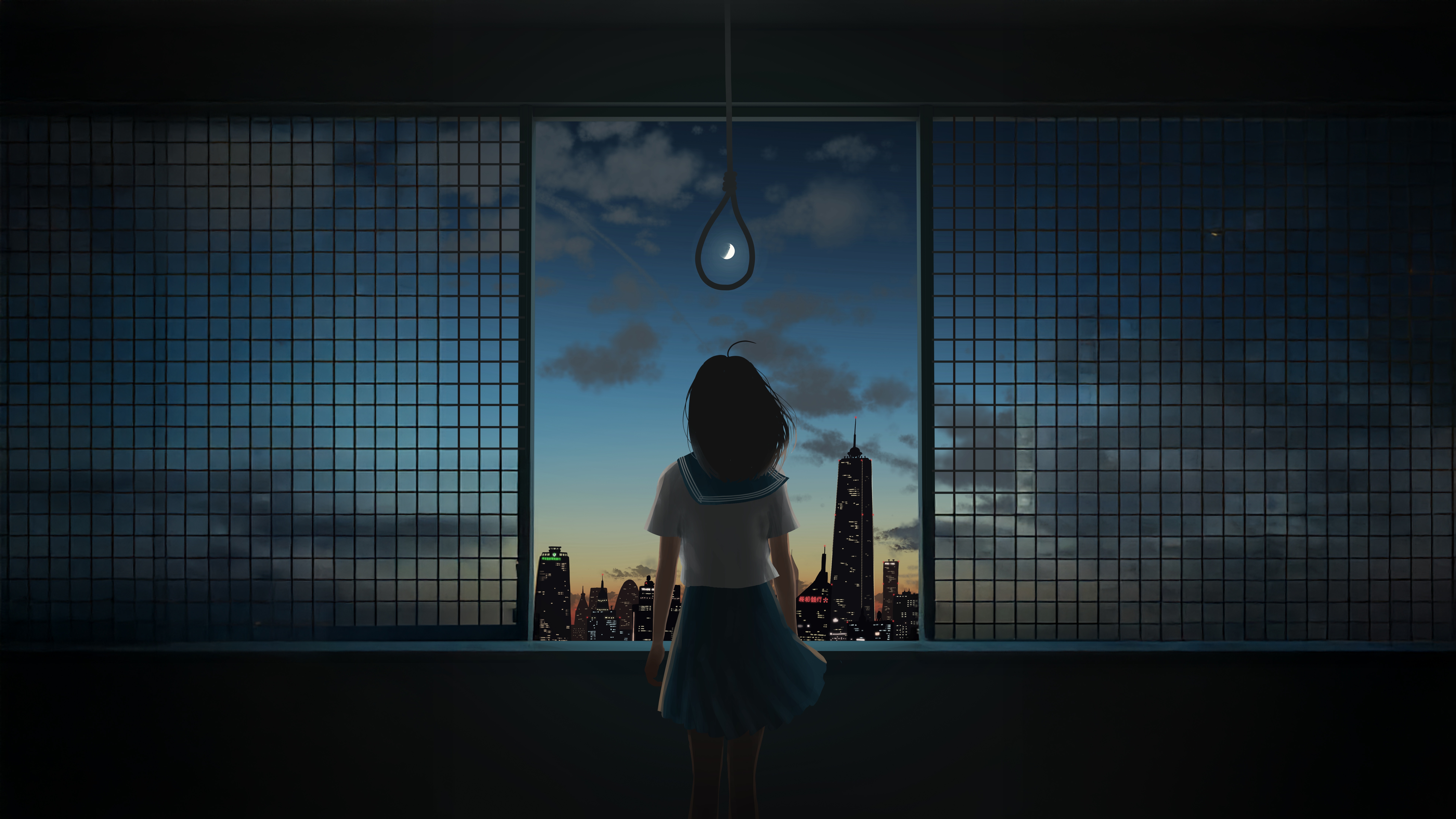 Girl Looking Out At City Skyline With Noose HD Wallpaper