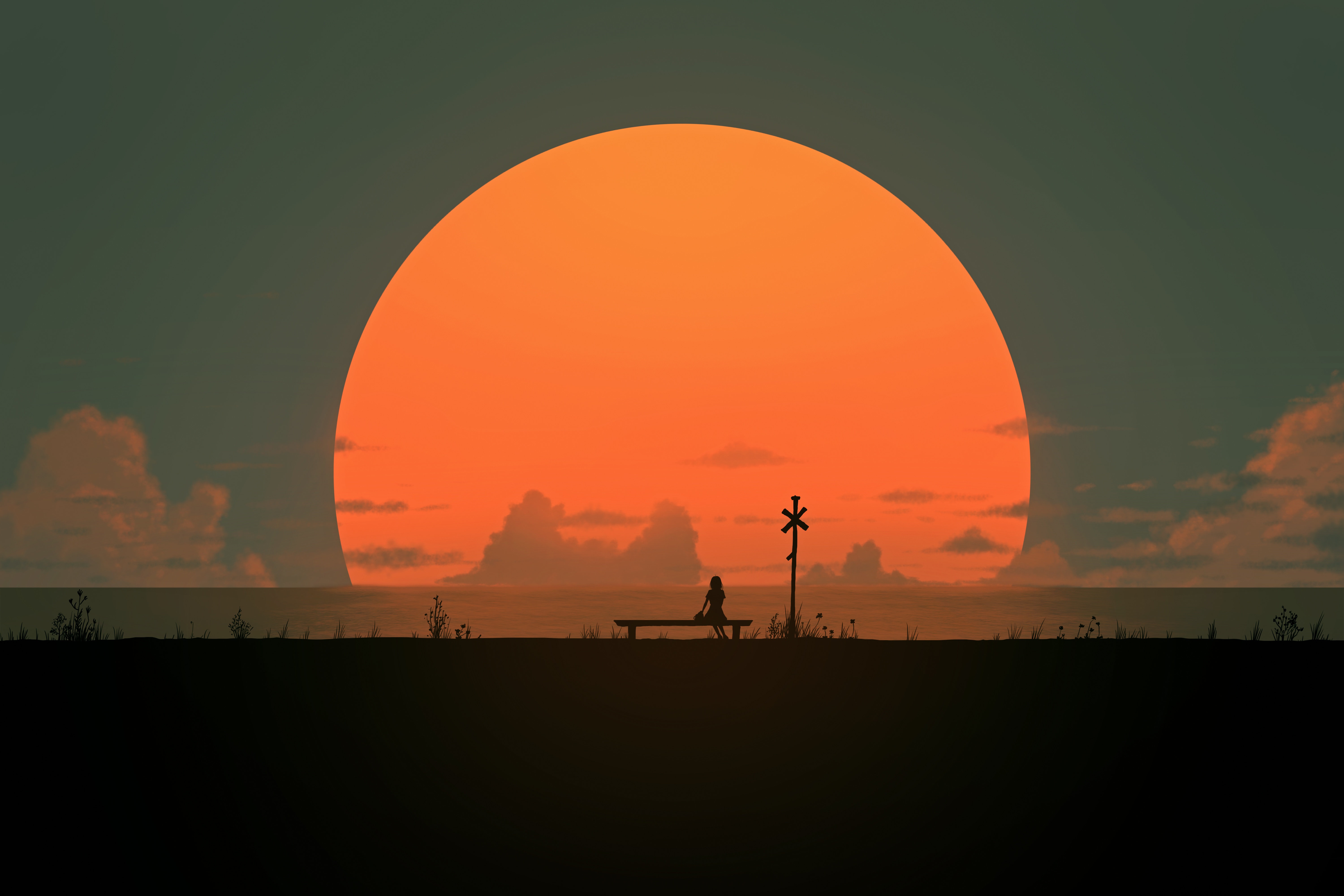 Person Sitting Alone At Sunset With Large Sun HD Wallpaper