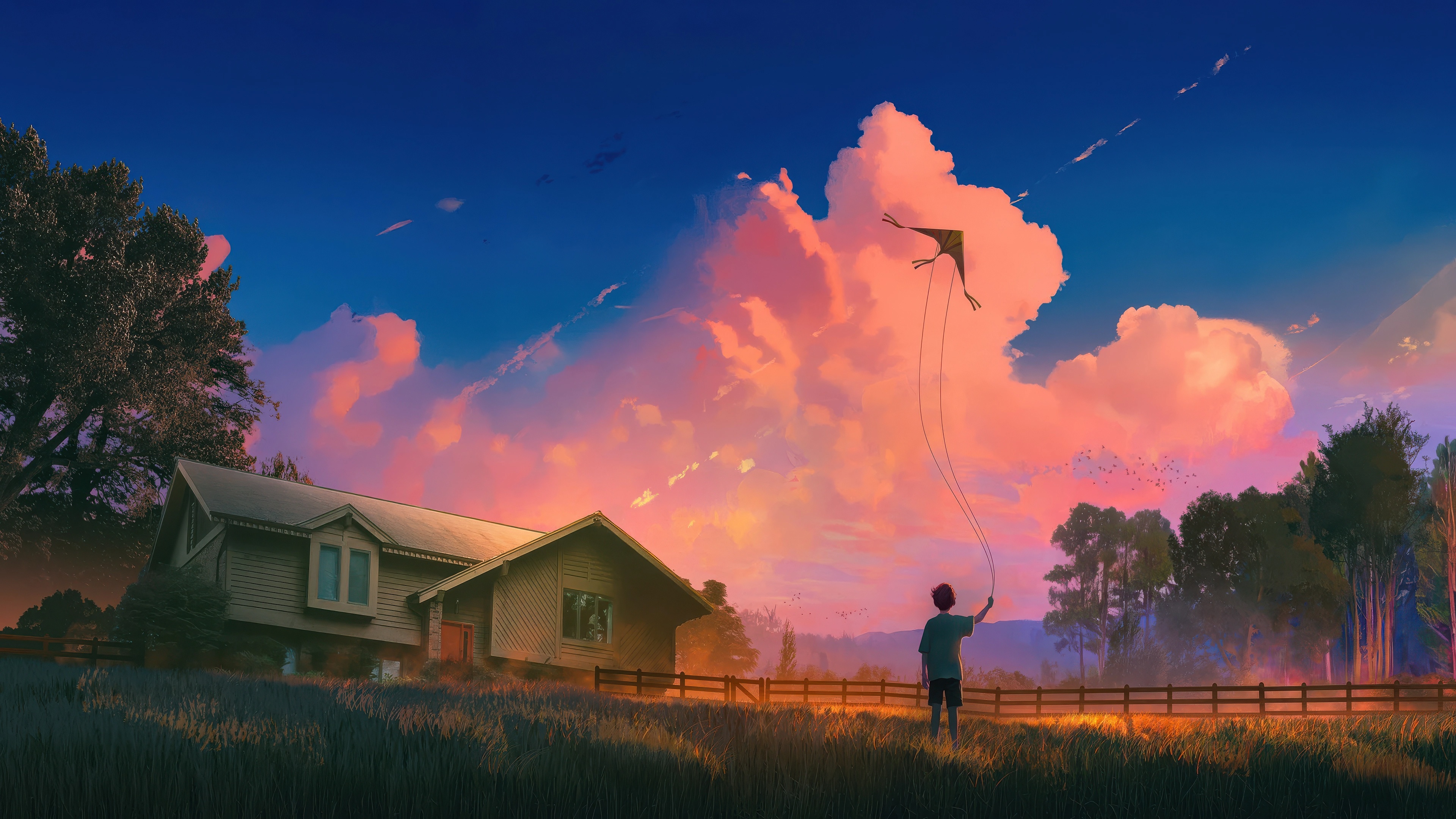 Boy flying a kite in a golden countryside field HD Wallpaper