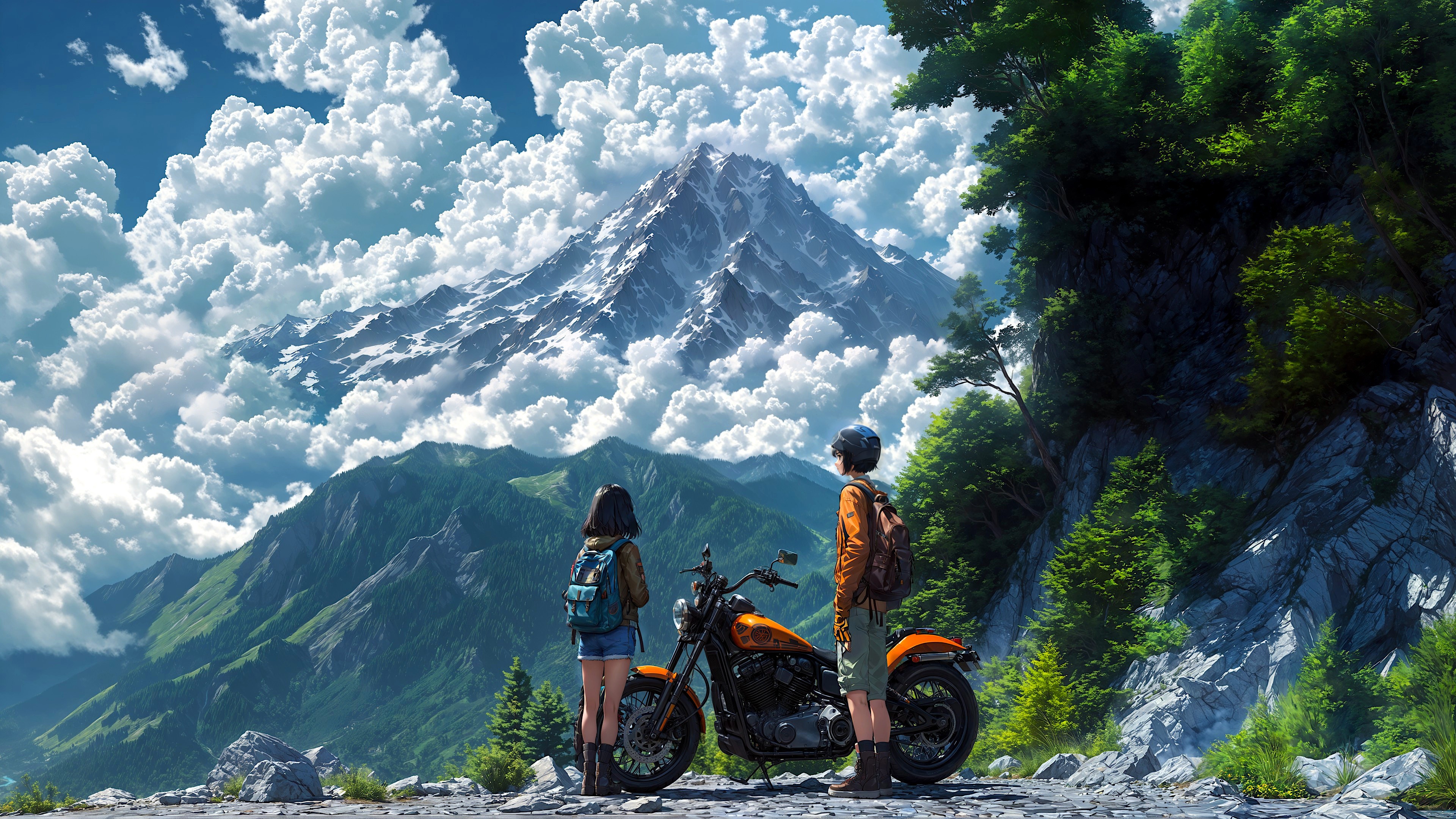 Anime Boy and Girl on Motorcycle in Mountains HD Wallpaper