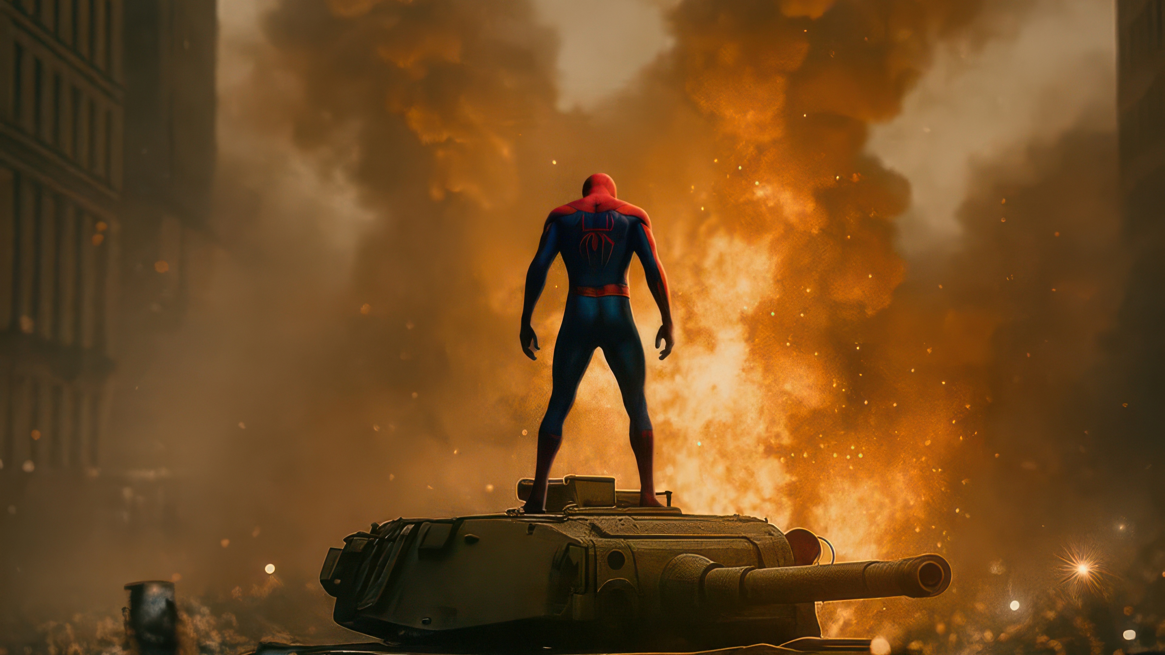 Spider-Man on a Tank Amidst Fire HD Wallpaper