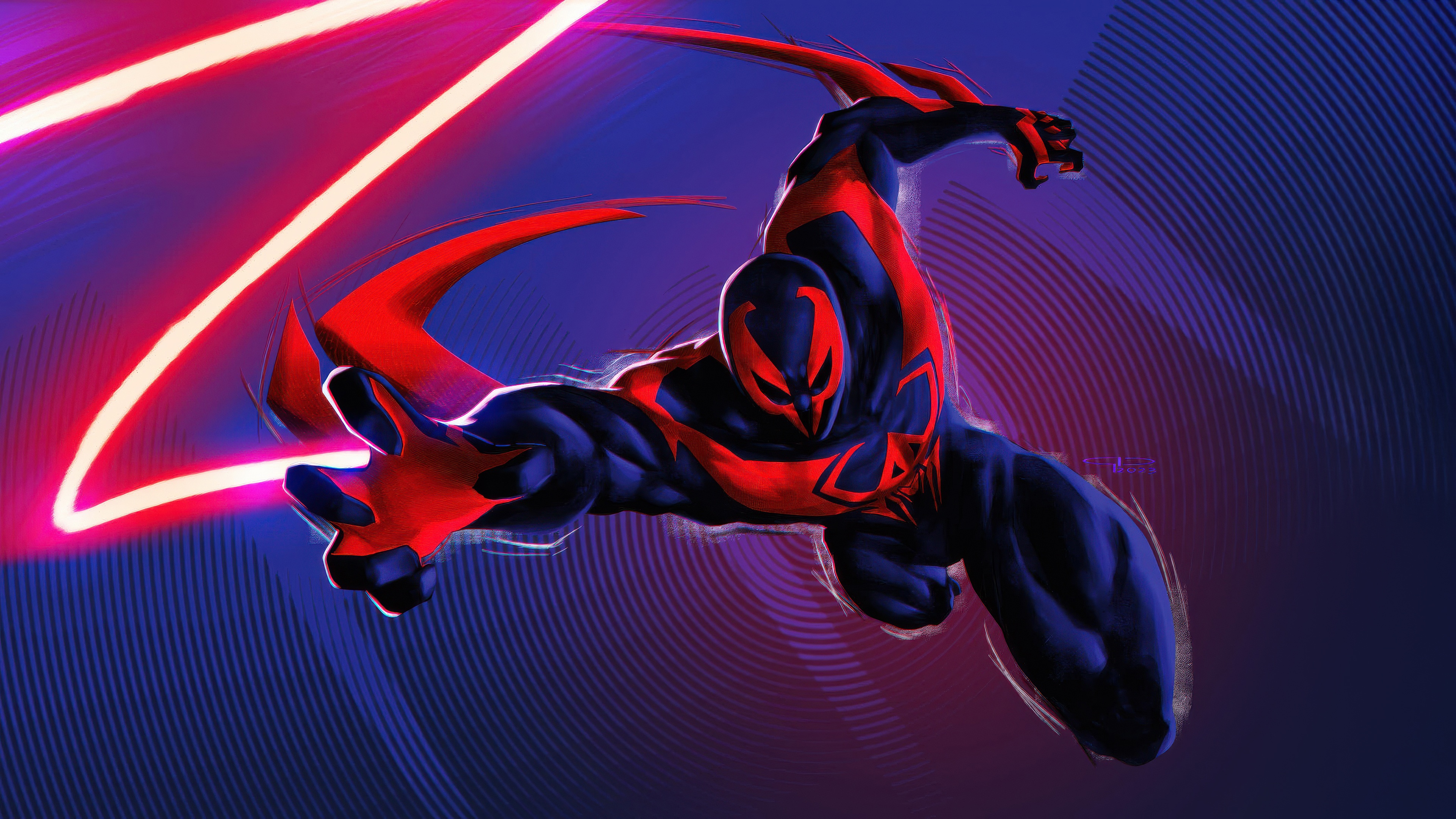 Spider-Man 2099 in a dynamic pose with neon lights HD Wallpaper