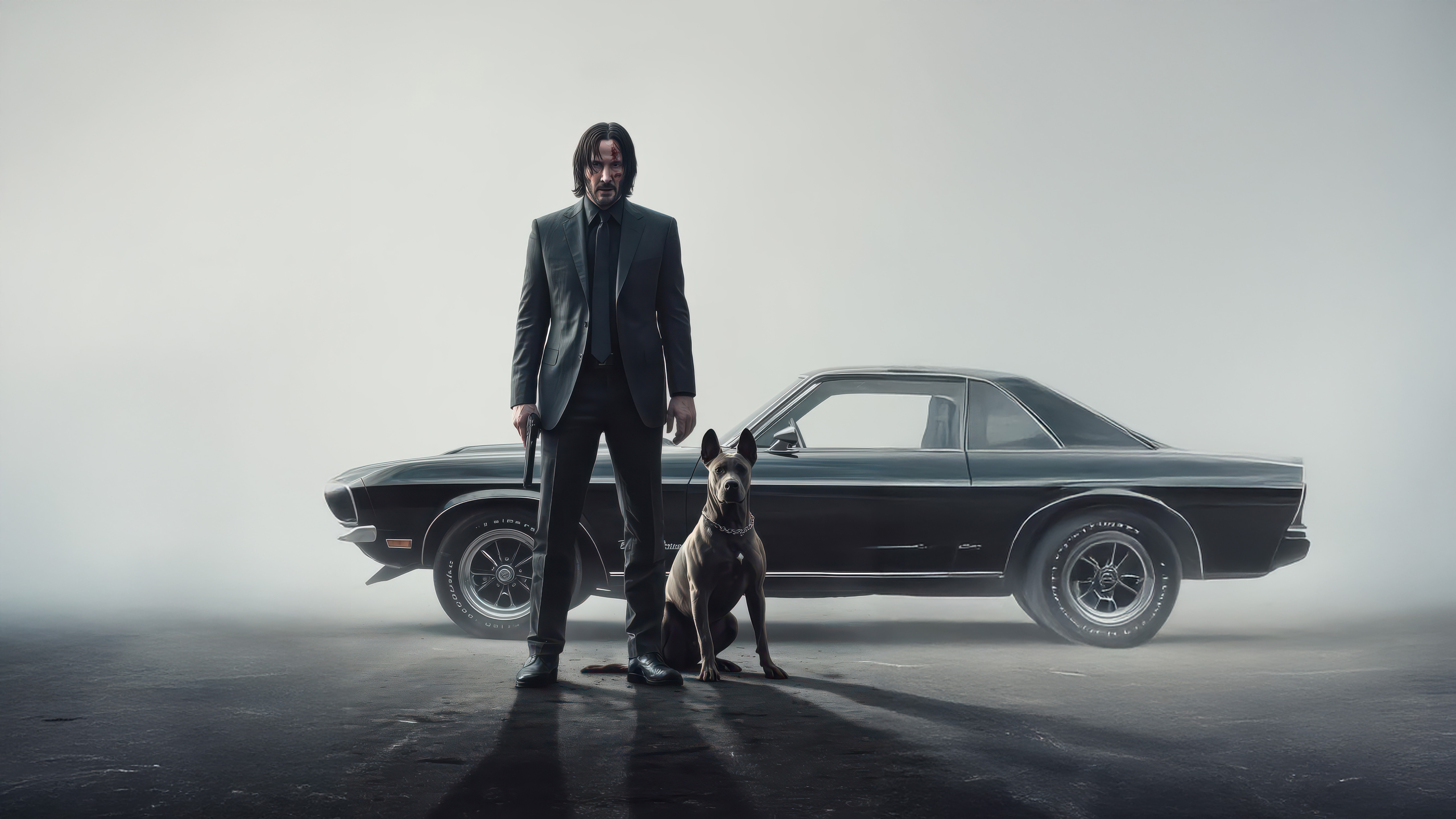 John Wick with his dog and car HD Wallpaper