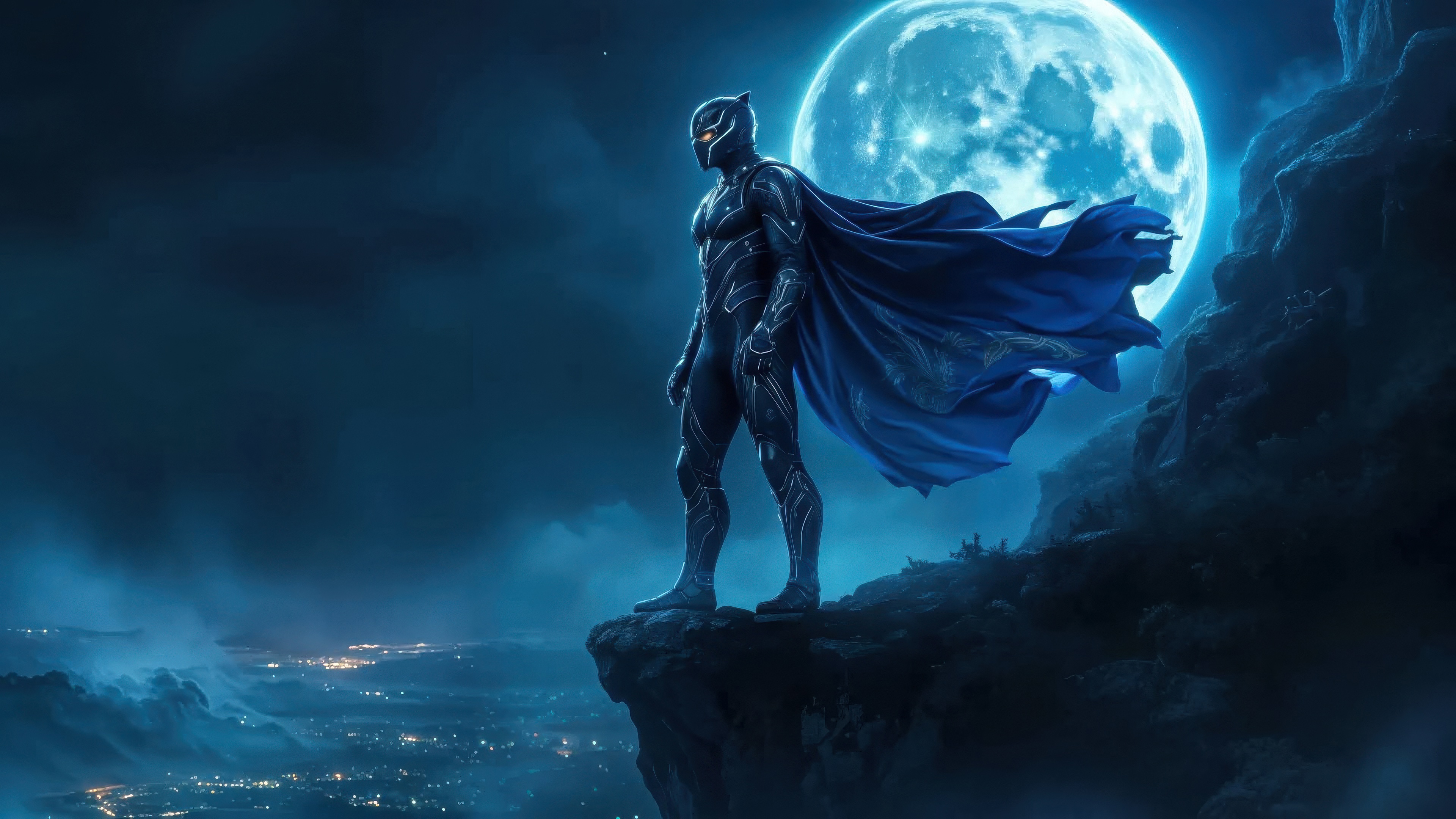 Black Panther on a cliff overlooking a city at night HD Wallpaper