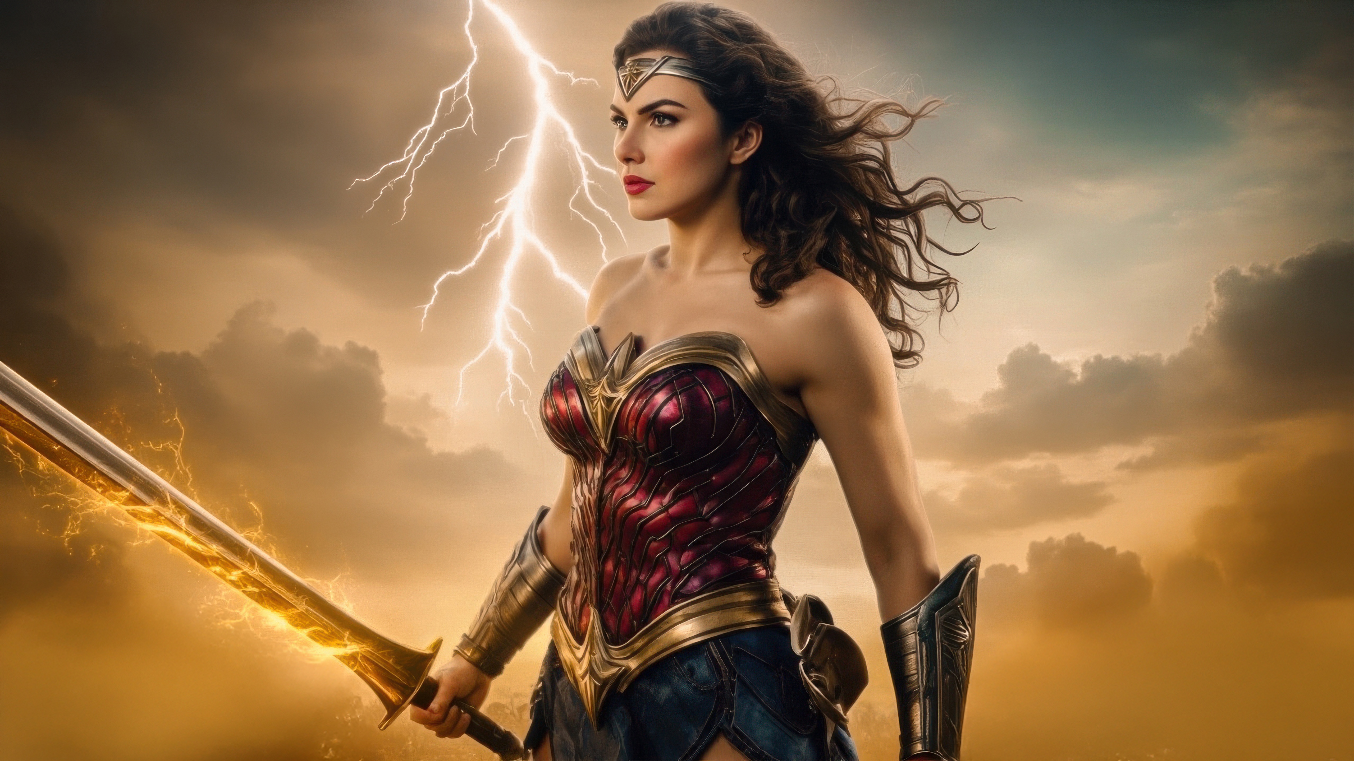 Wonder Woman holding a glowing sword during a lightning storm HD Wallpaper