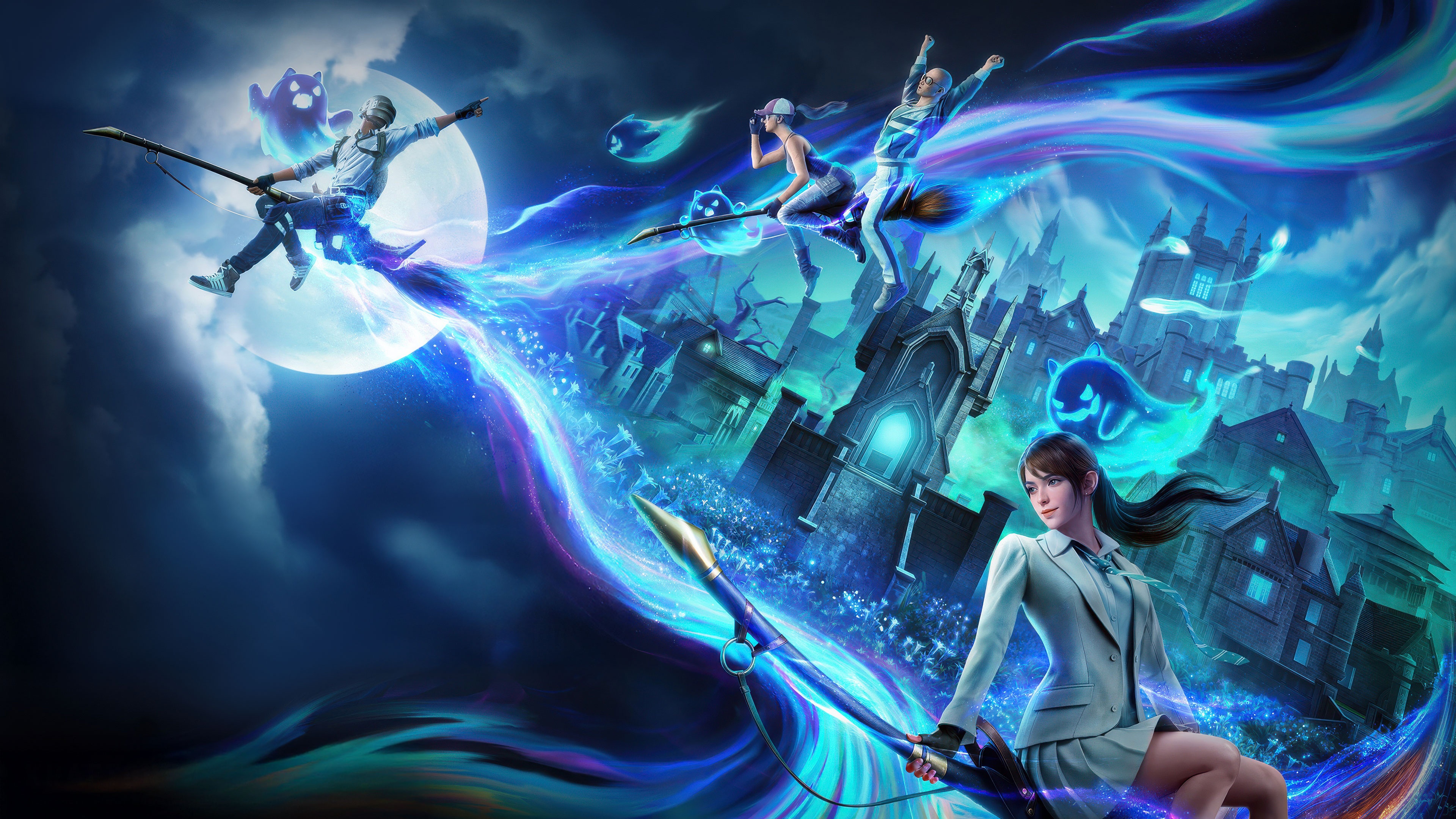 PUBG Mobile Spooky Soiree characters flying over haunted town HD Wallpaper