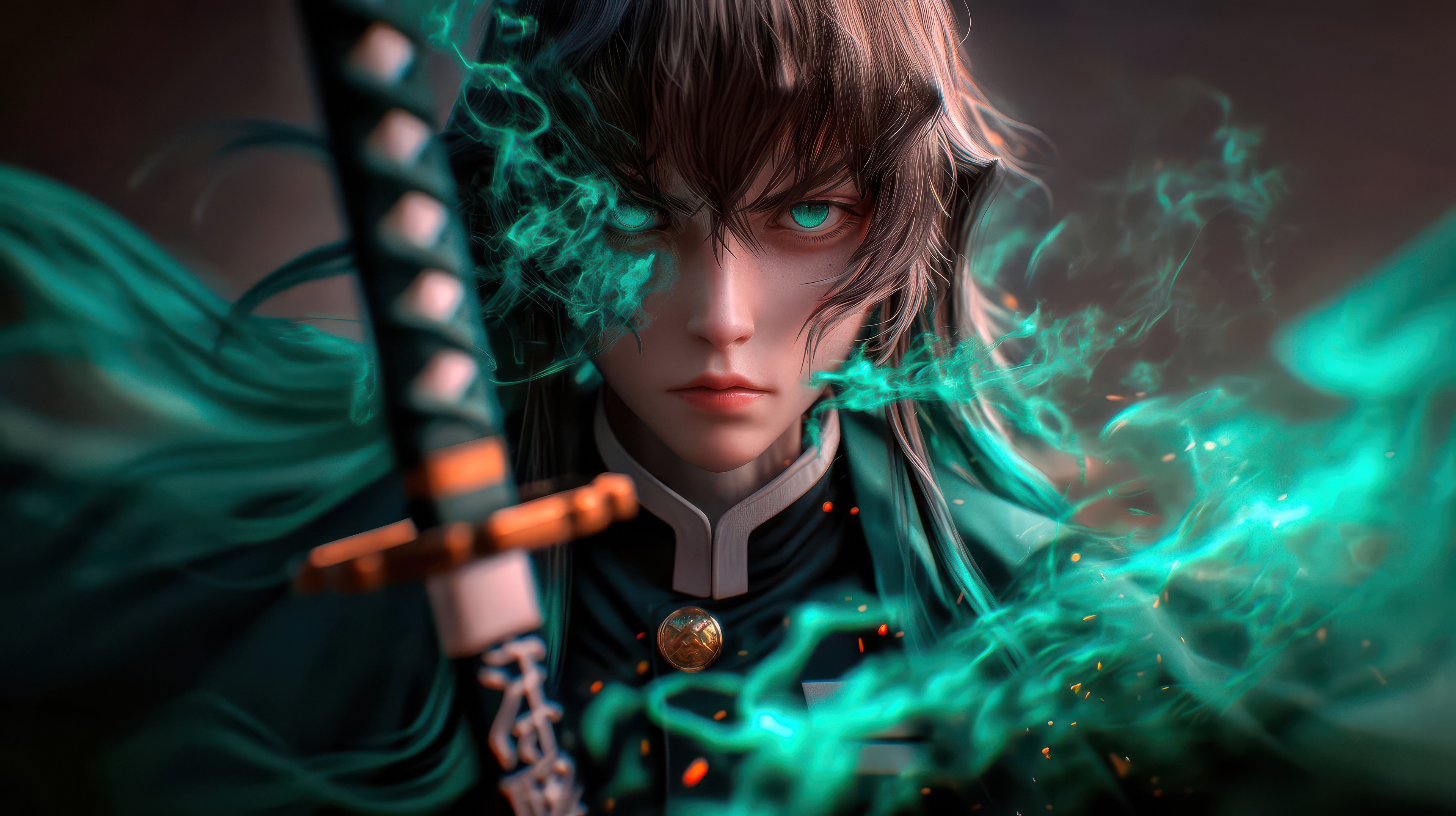 Ghostfire Samurai with Teal Energy HD Wallpaper