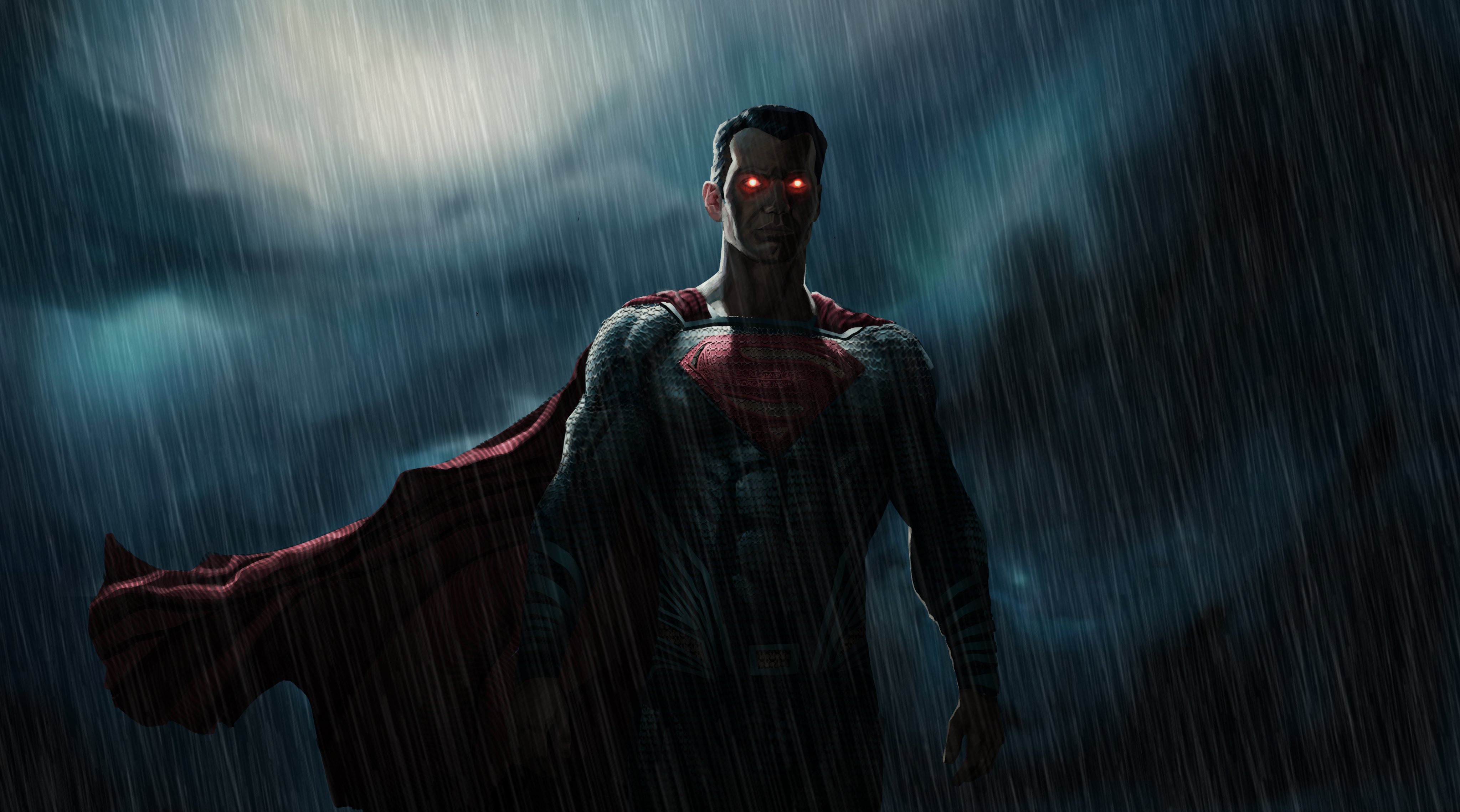 Superman with glowing red eyes in the rain HD Wallpaper
