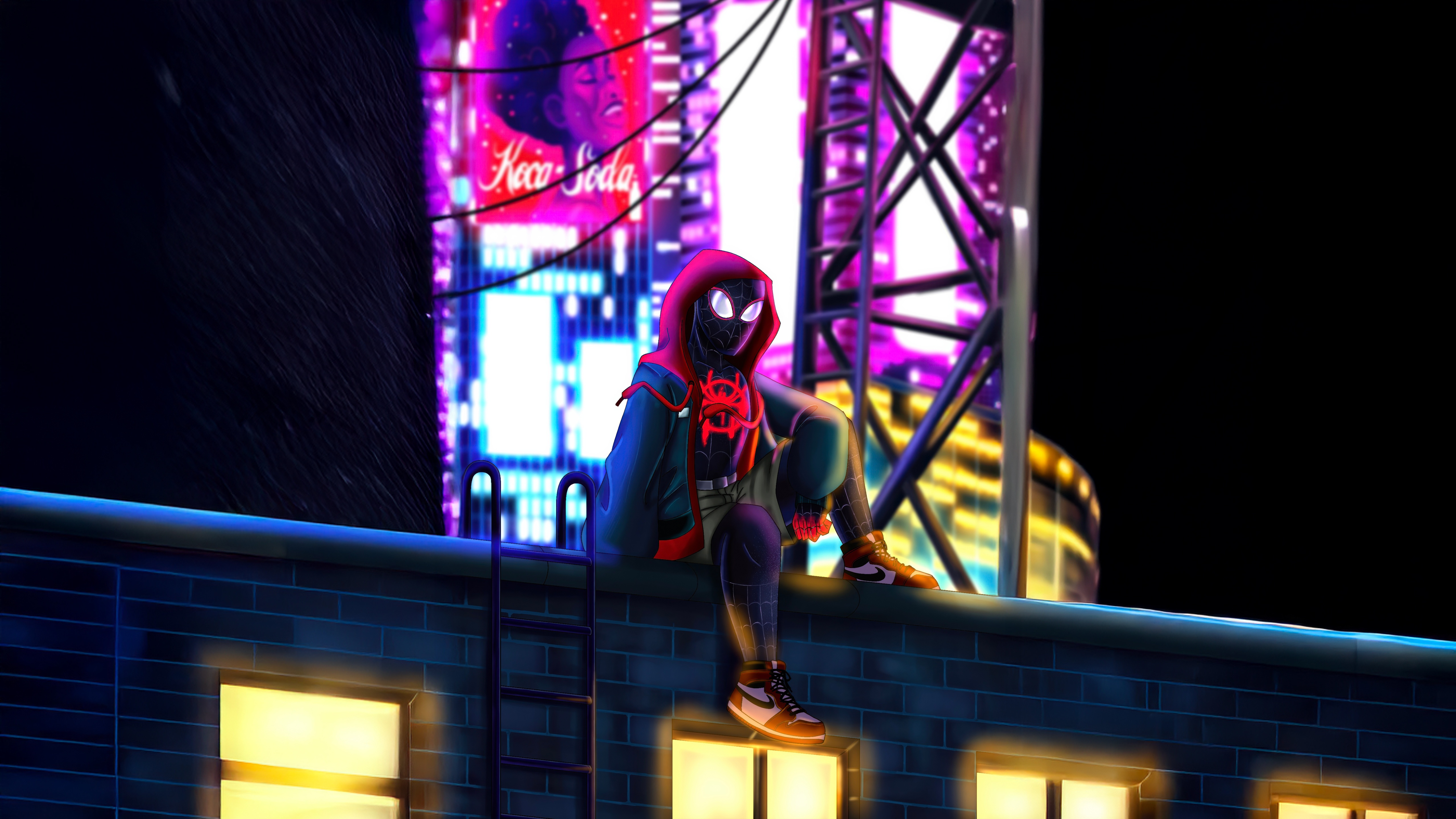 Miles Morales Sitting on a Rooftop at Night HD Wallpaper