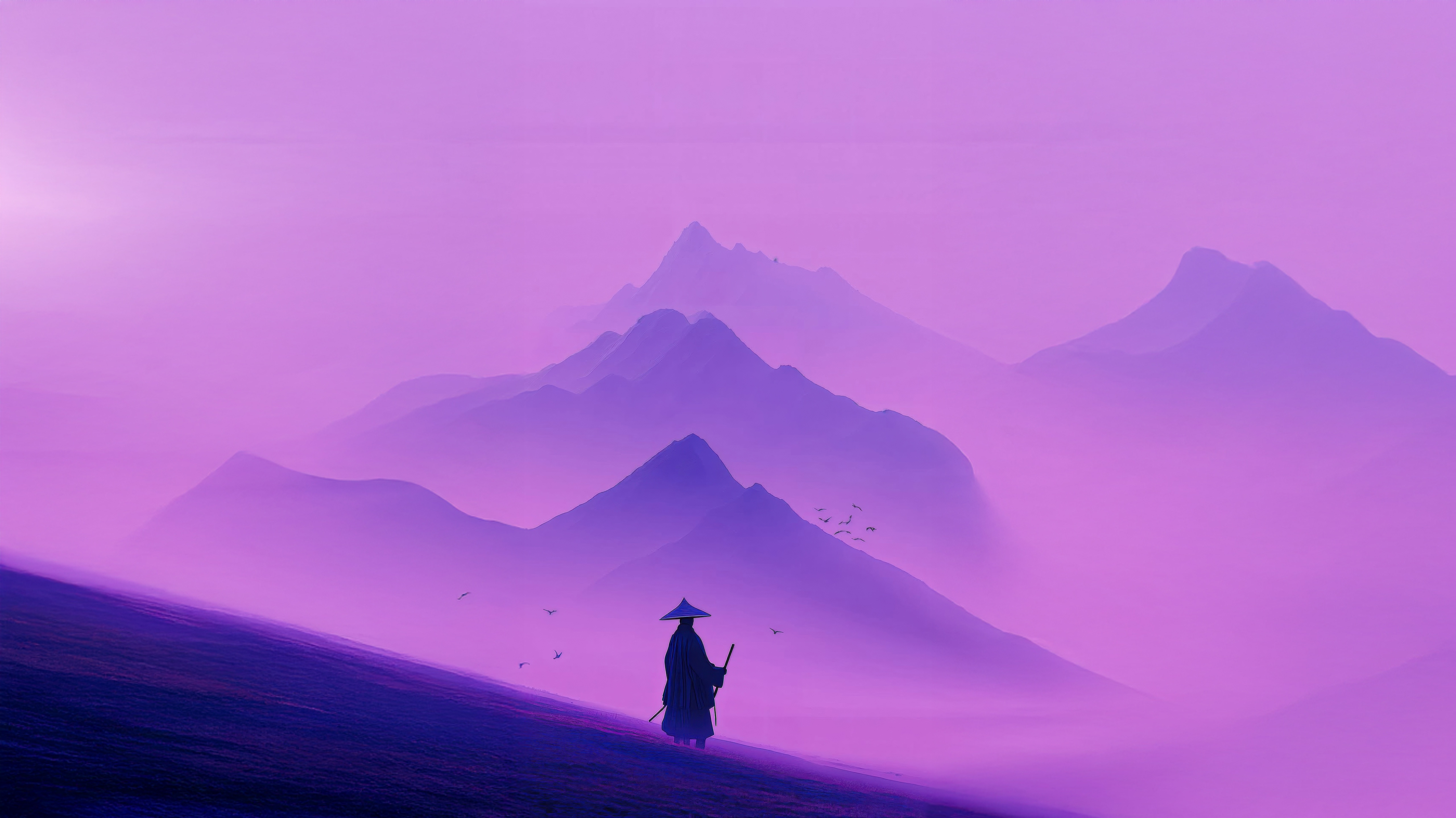 Samurai walking through misty purple mountains HD Wallpaper