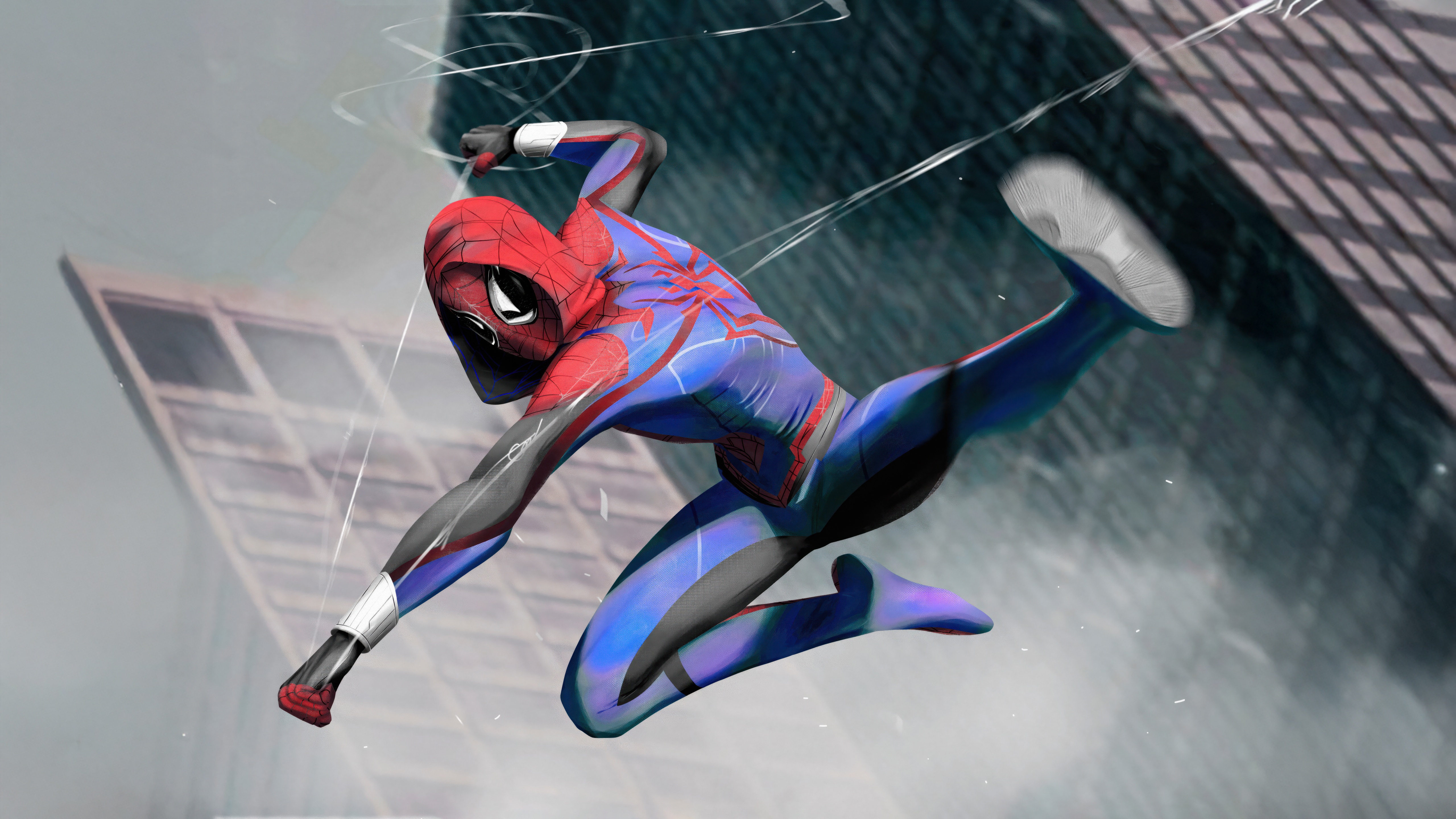Spider-Man in the Oswald B Parker Suit swings through a city HD Wallpaper