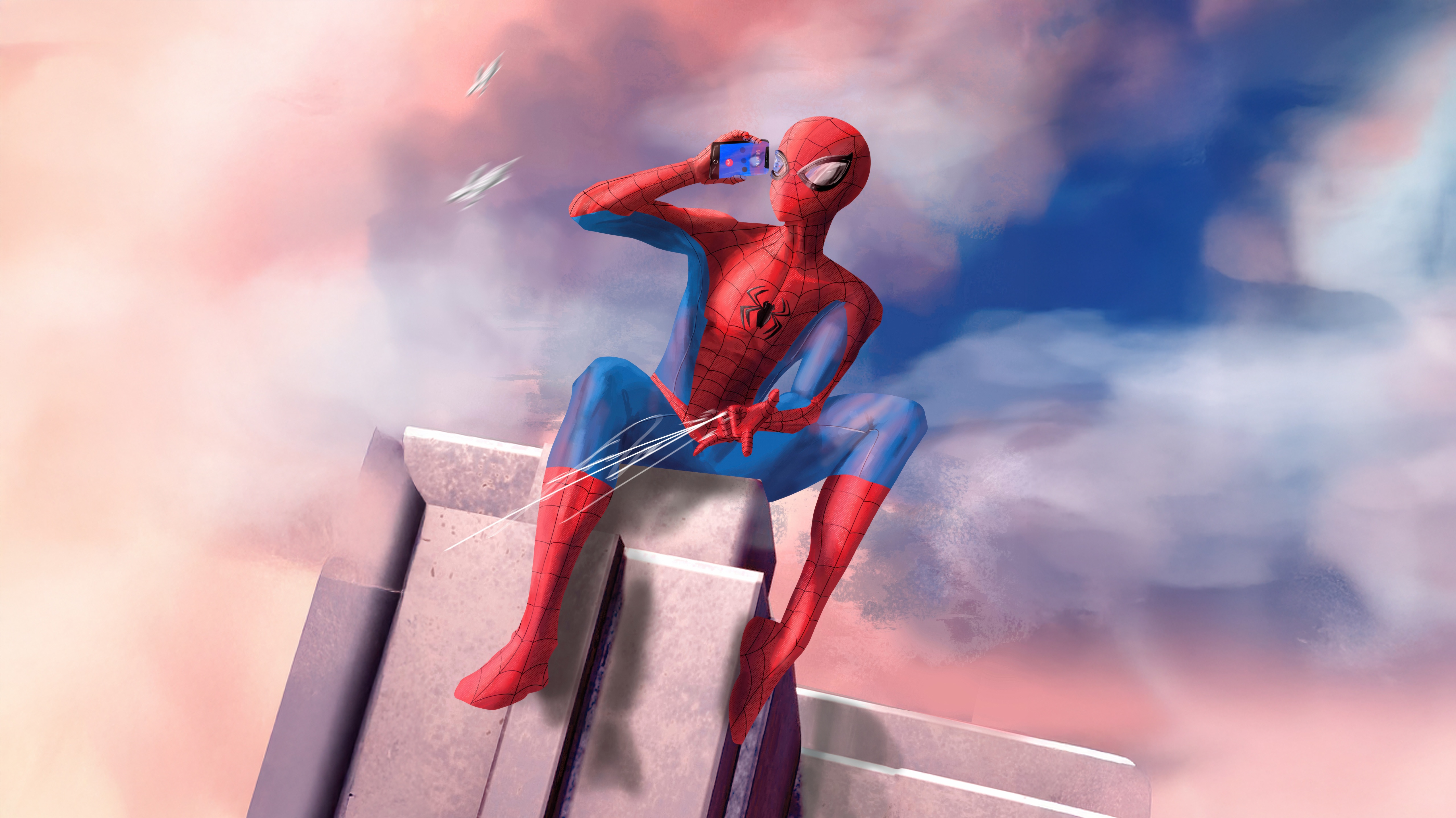 Spider-Man sitting on a building taking a selfie HD Wallpaper