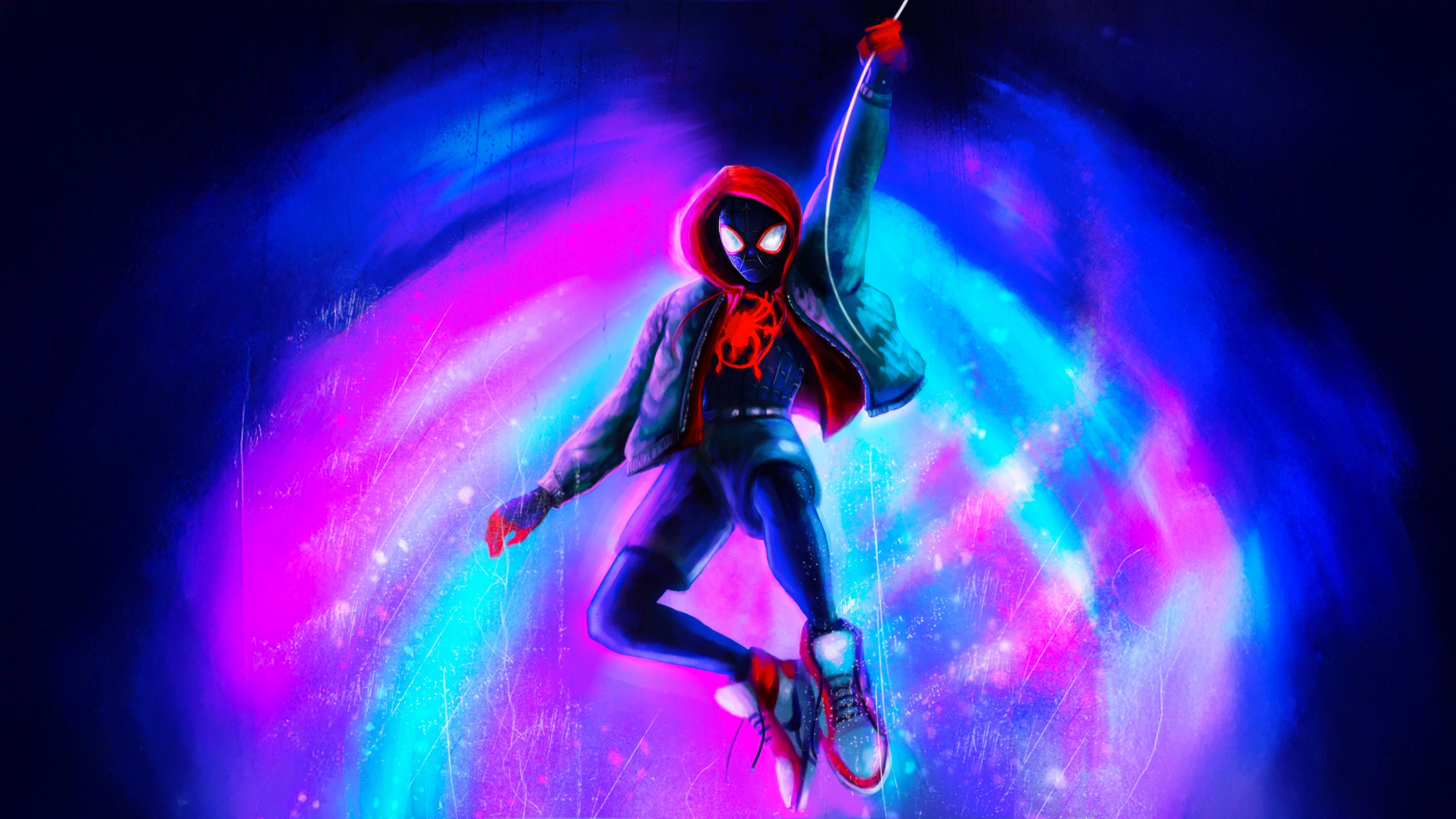 Miles Morales Swinging Through a Cosmic Background HD Wallpaper