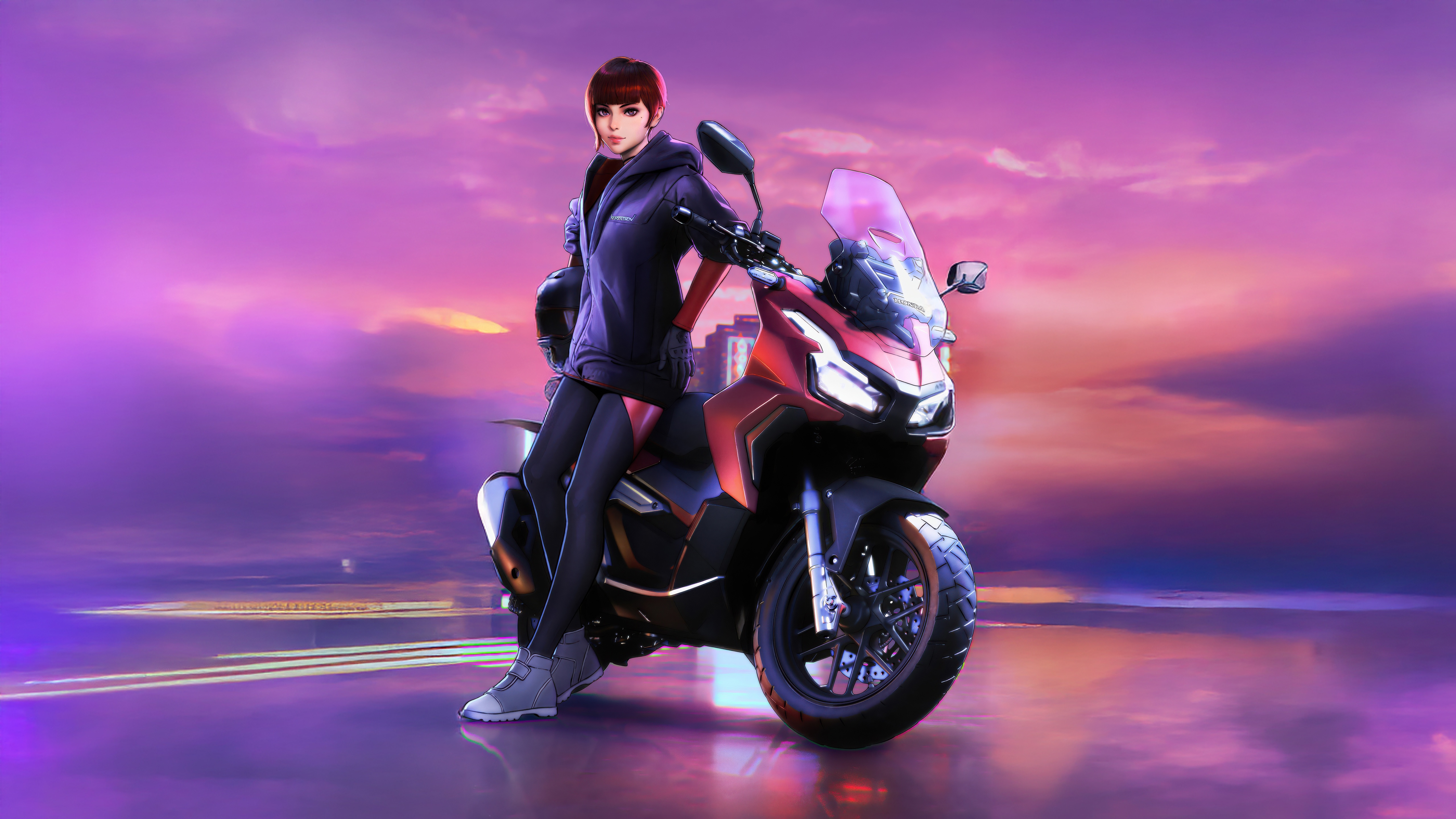 Anime Girl With Motorcycle At Sunset HD Wallpaper