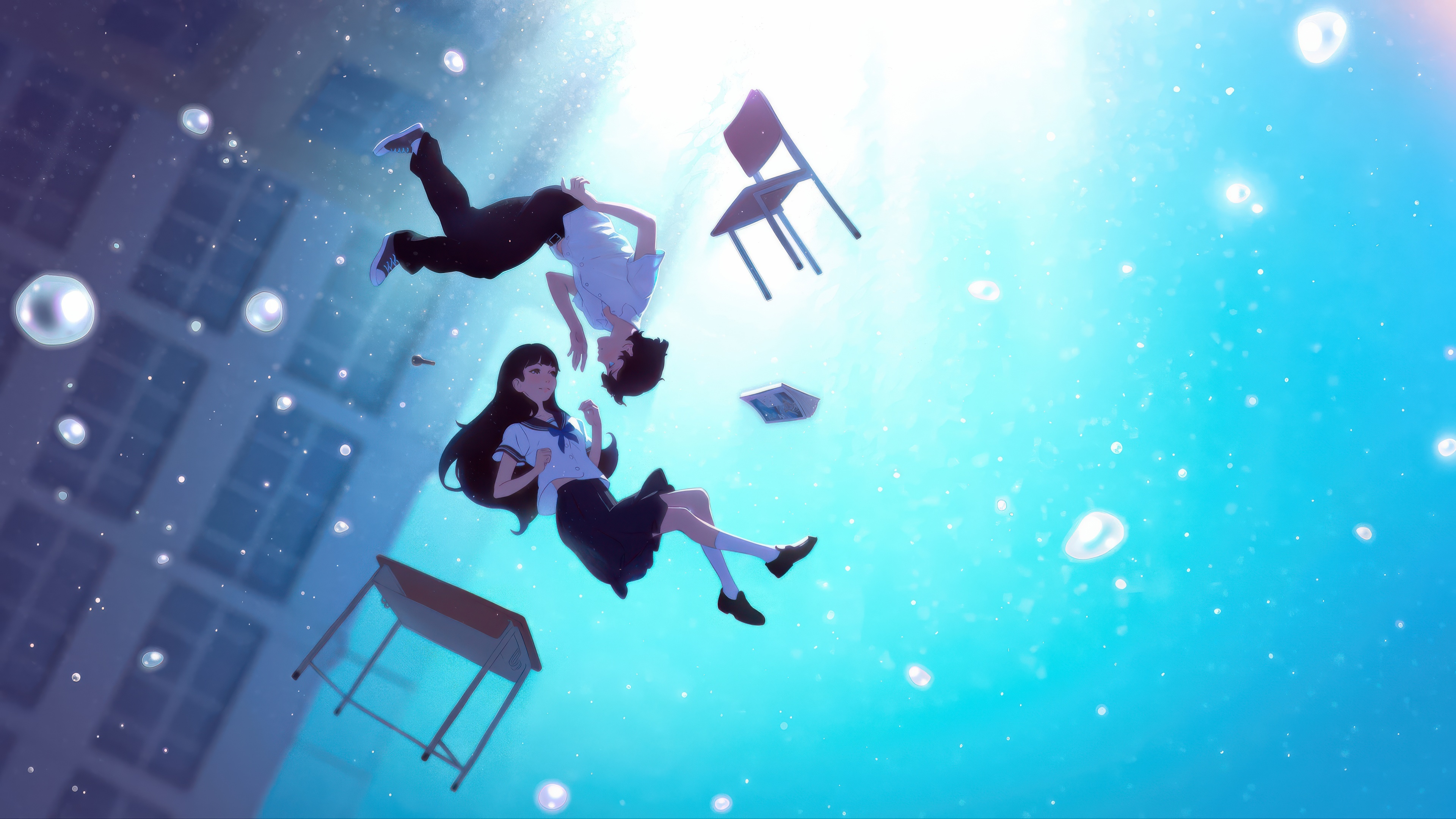 Anime girl and boy floating in the sky HD Wallpaper