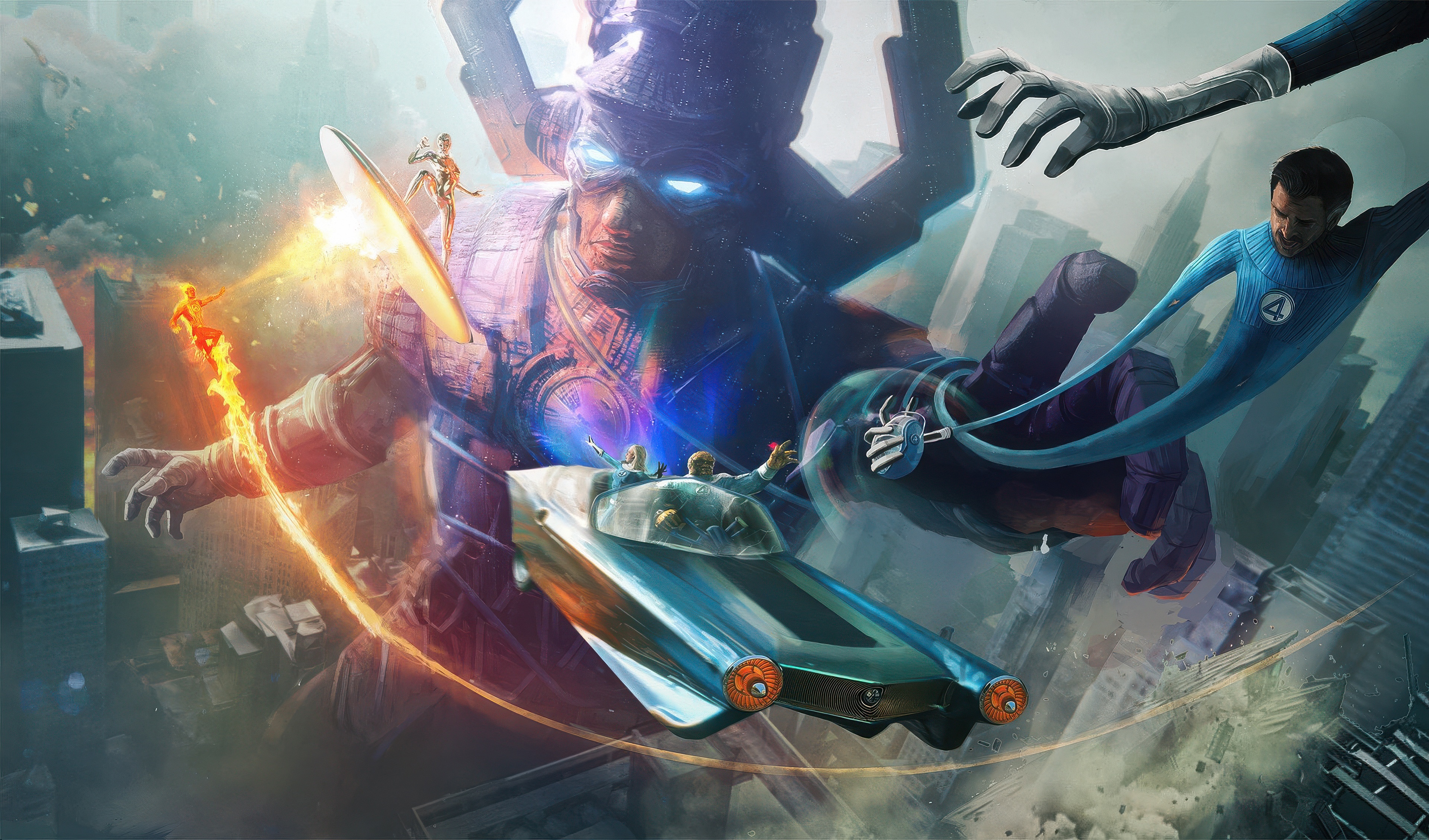 Galactus and the Fantastic Four in a City Battle HD Wallpaper