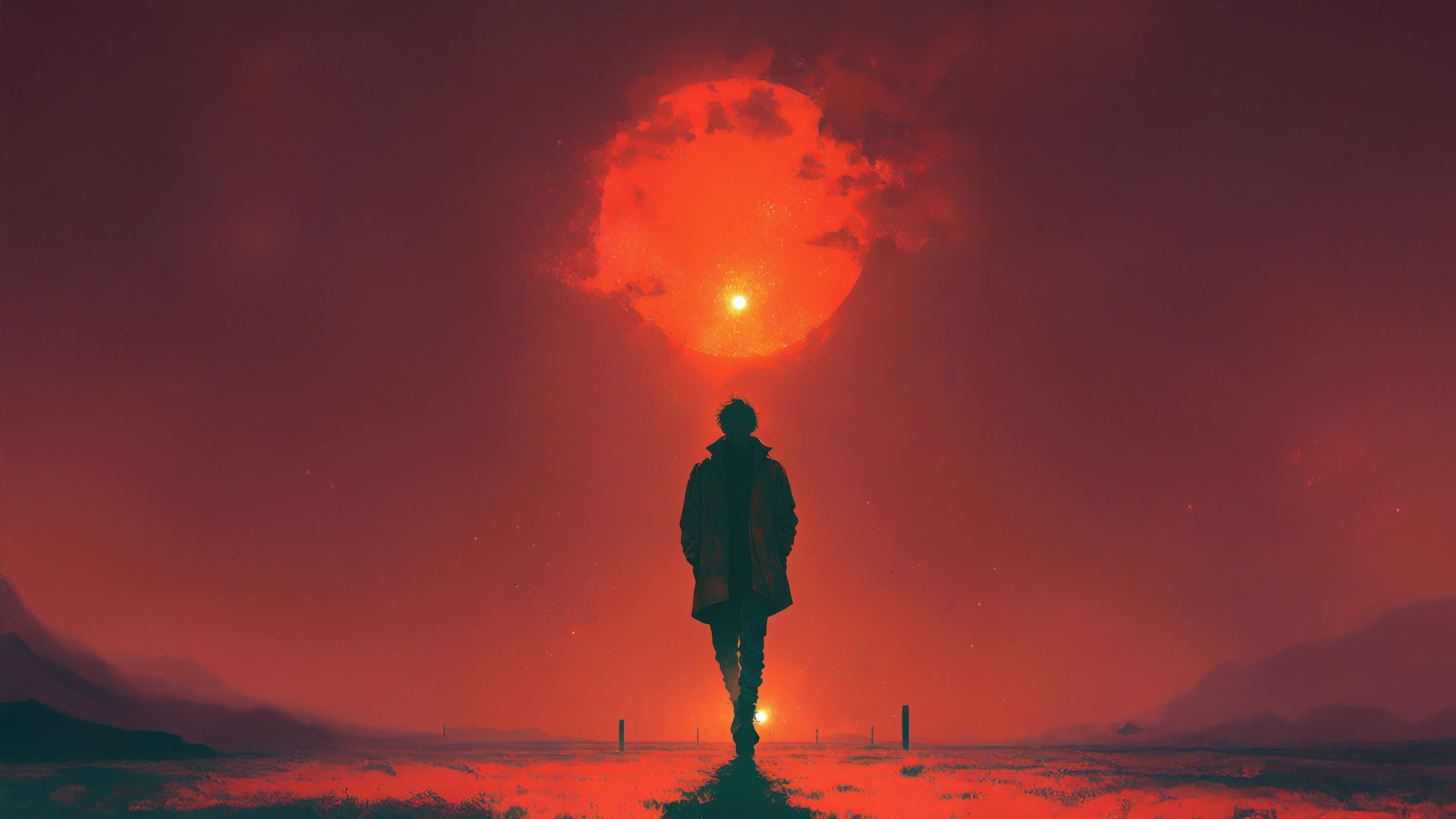 Man walking alone towards a large red sun HD Wallpaper