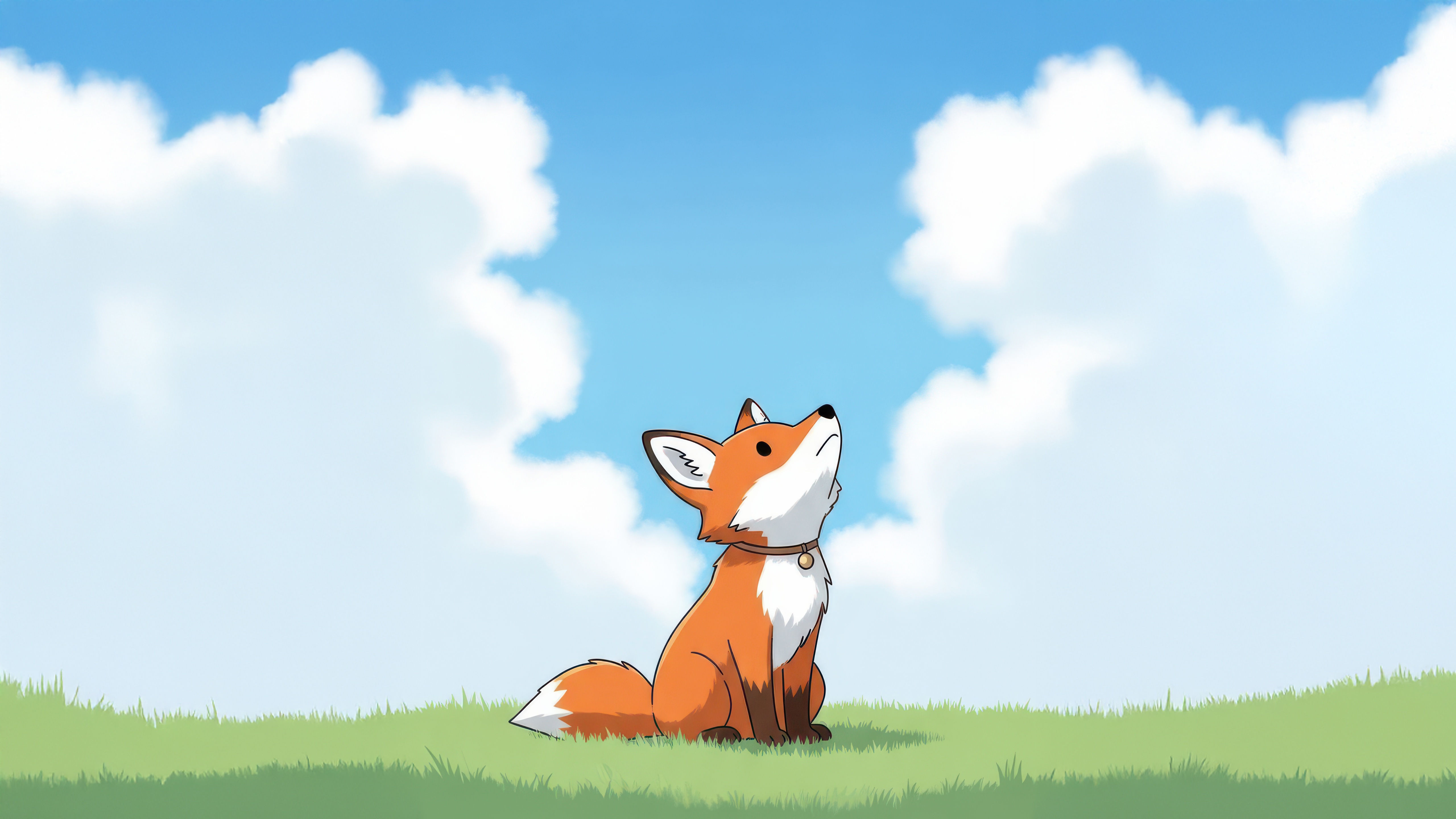 Adorable Fox Sitting on a Grassy Field Under Clouds HD Wallpaper