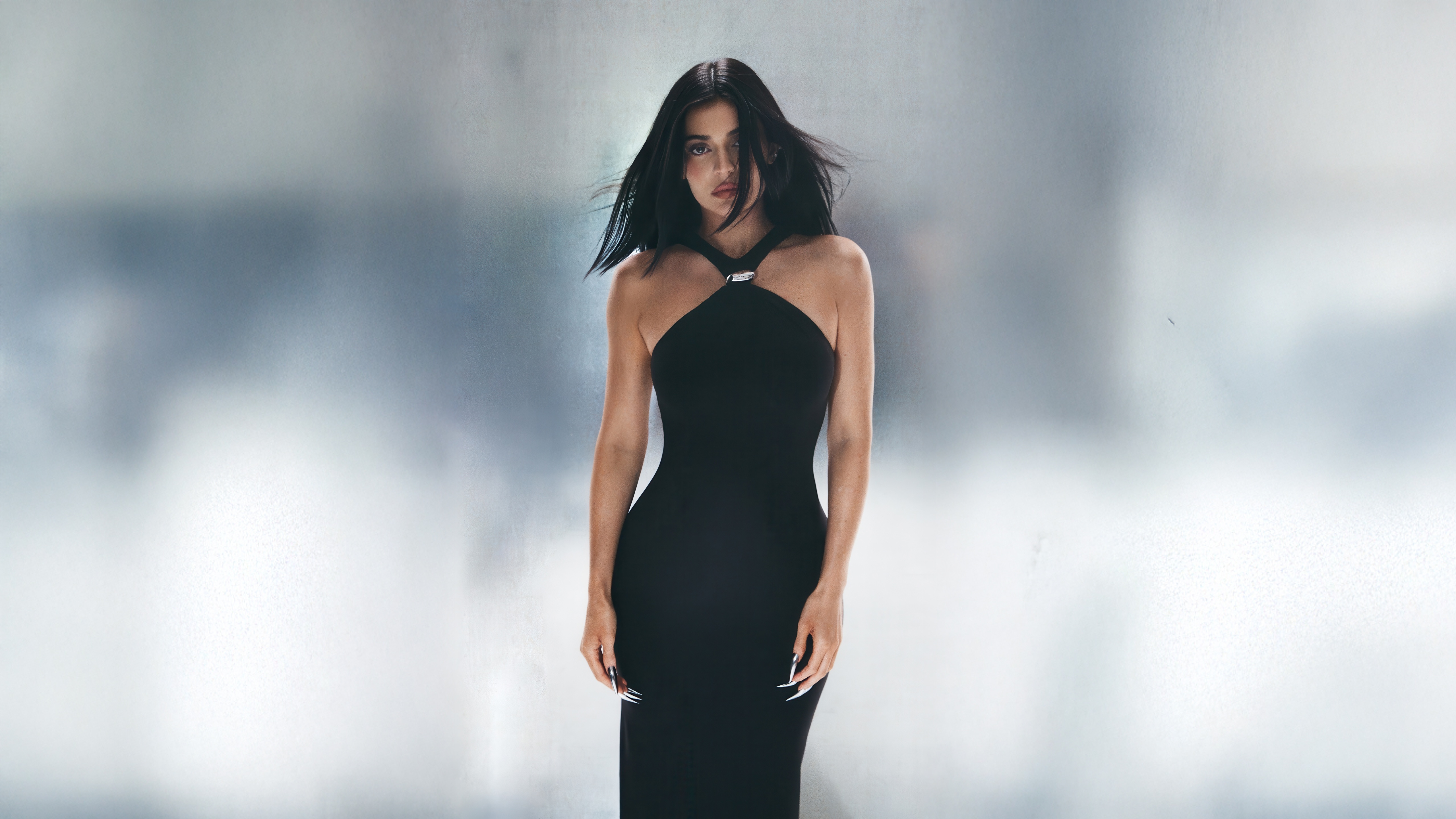 Kylie Jenner in a black halter dress HD Wallpaper