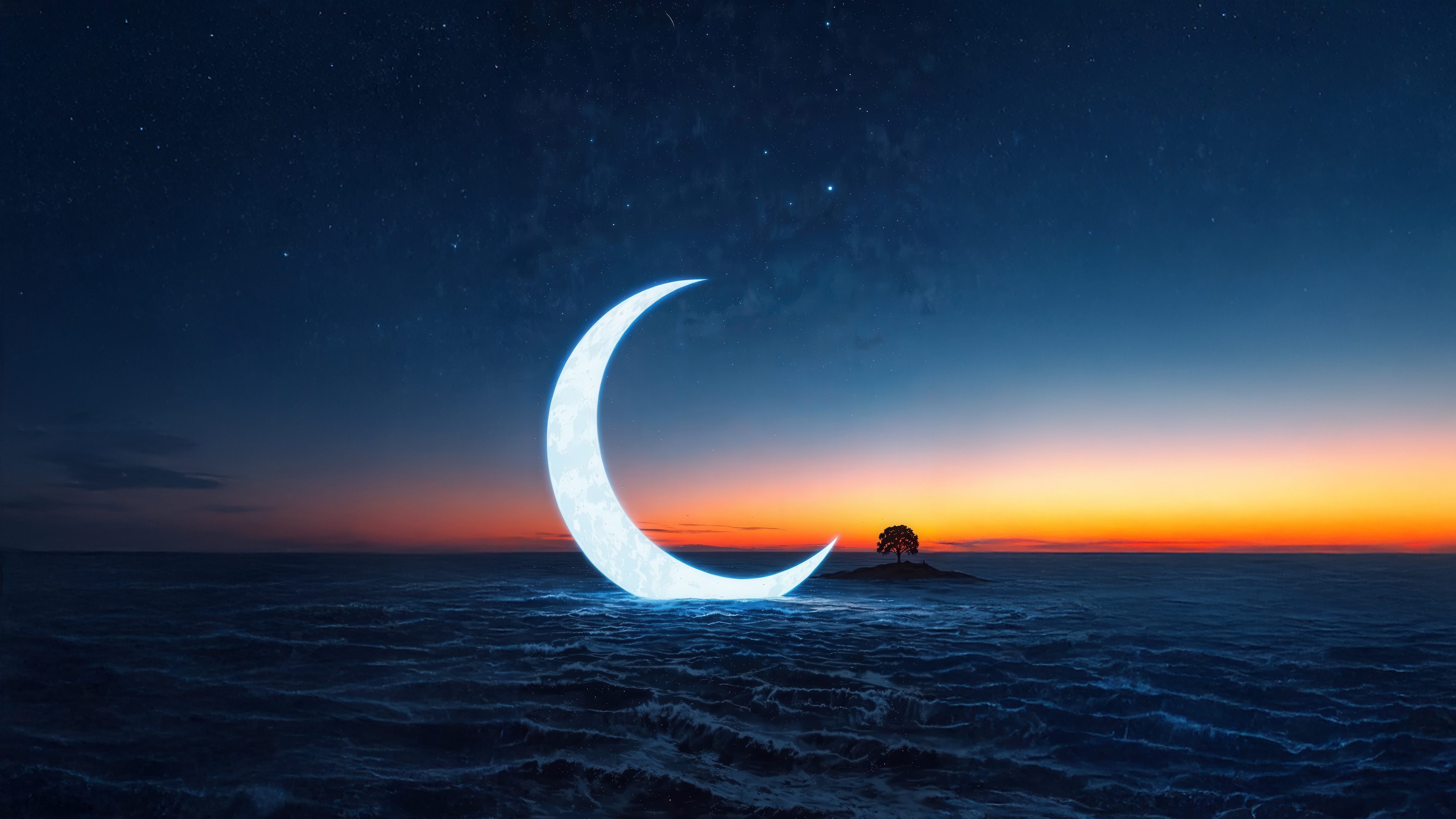 Crescent Moon Over a Wavy Ocean at Sunset HD Wallpaper