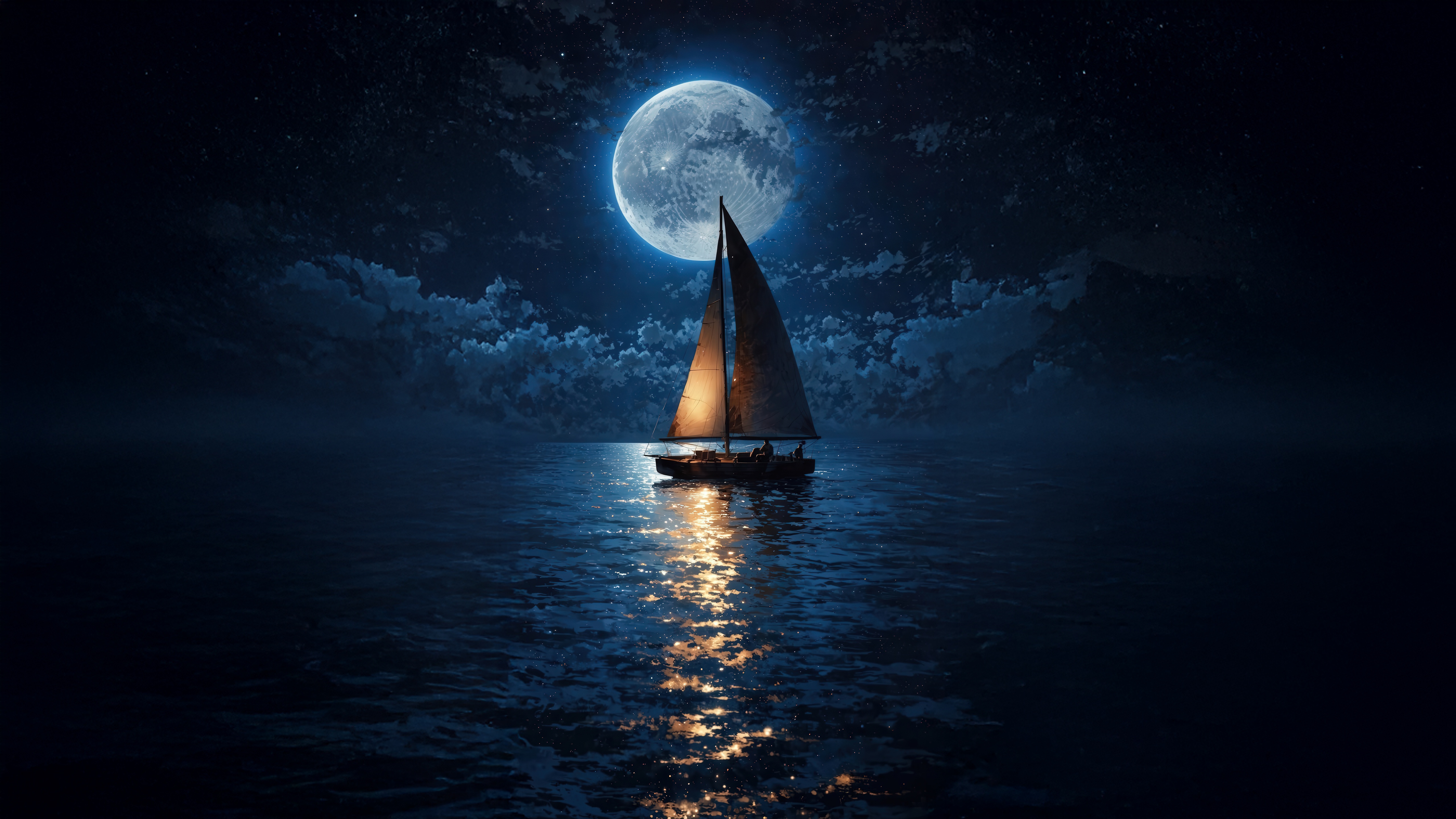 Sailboat sailing under a full moon at night HD Wallpaper