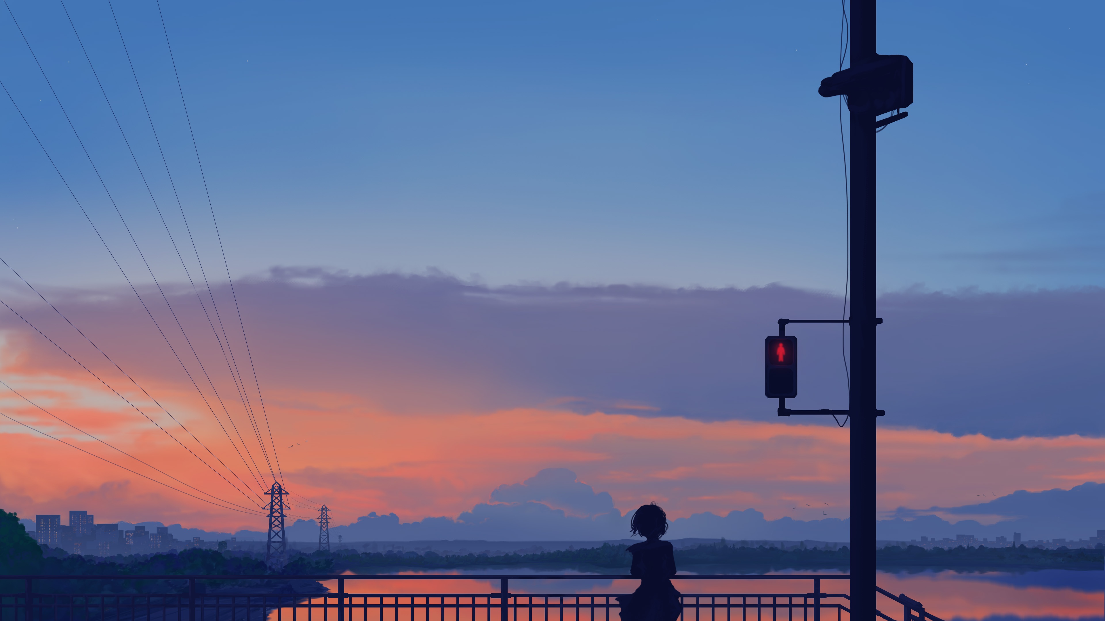 Girl watching sunset by the water with traffic light HD Wallpaper