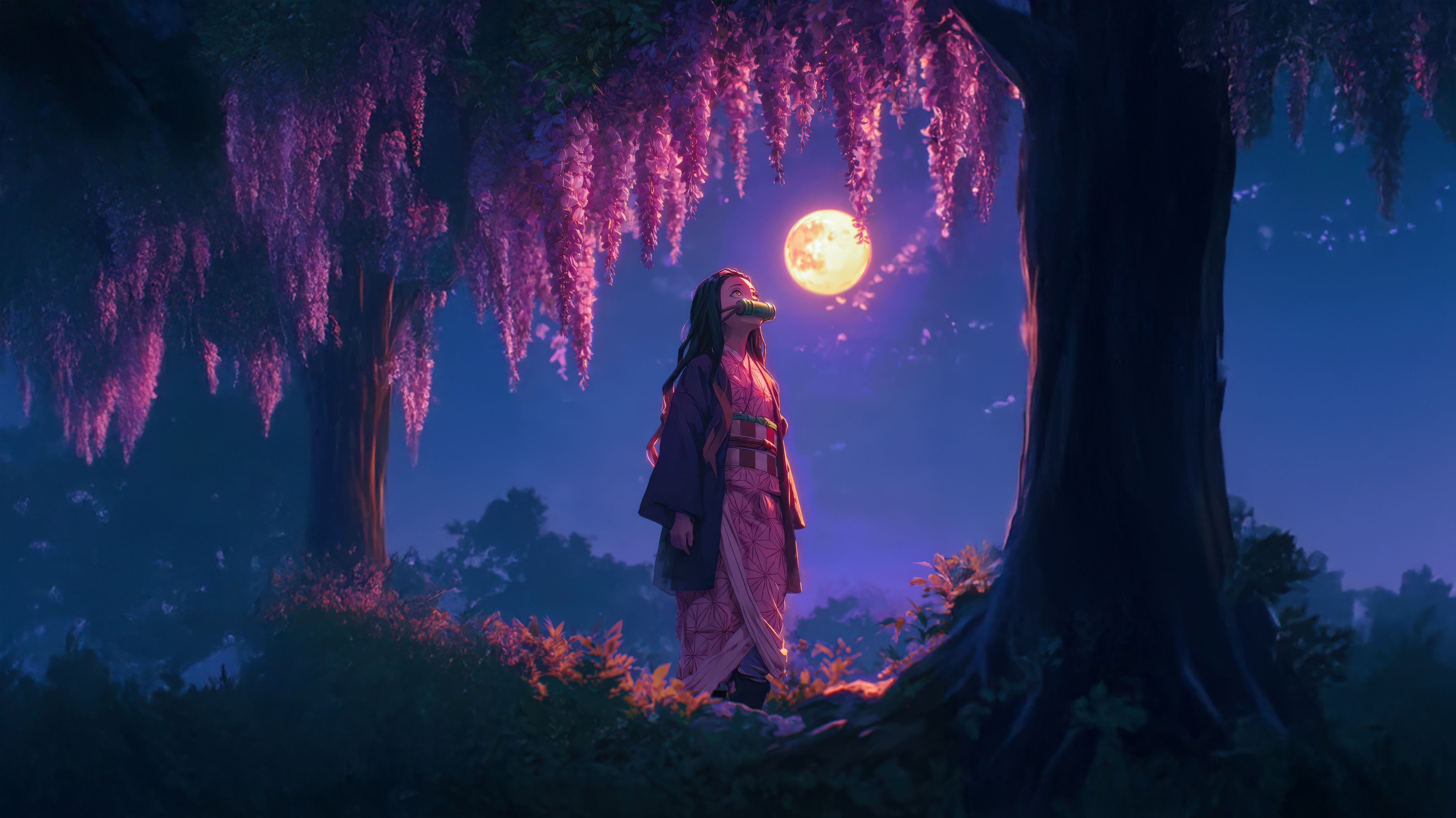 Nezuko Kamado under a full moon HD Wallpaper
