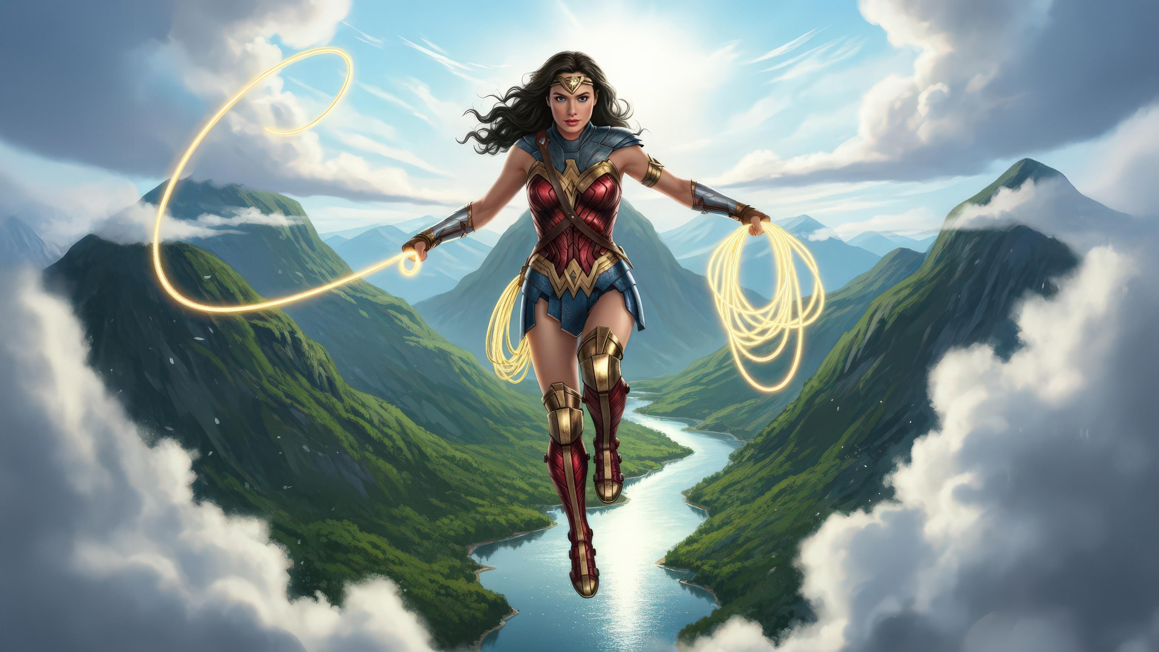 Wonder Woman Flying Over Mountains with Lasso HD Wallpaper