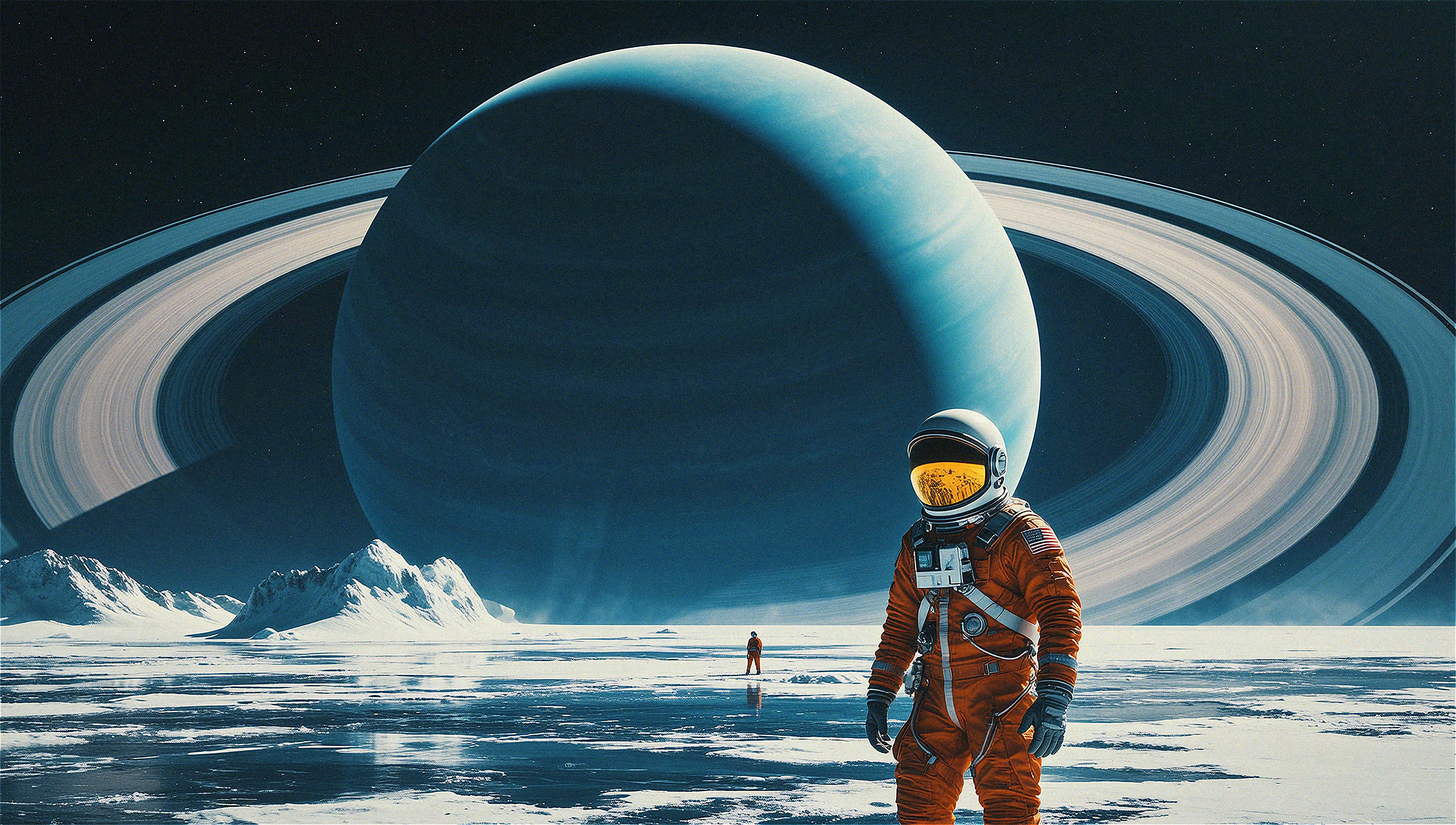 Astronaut on an icy planet with Saturn HD Wallpaper