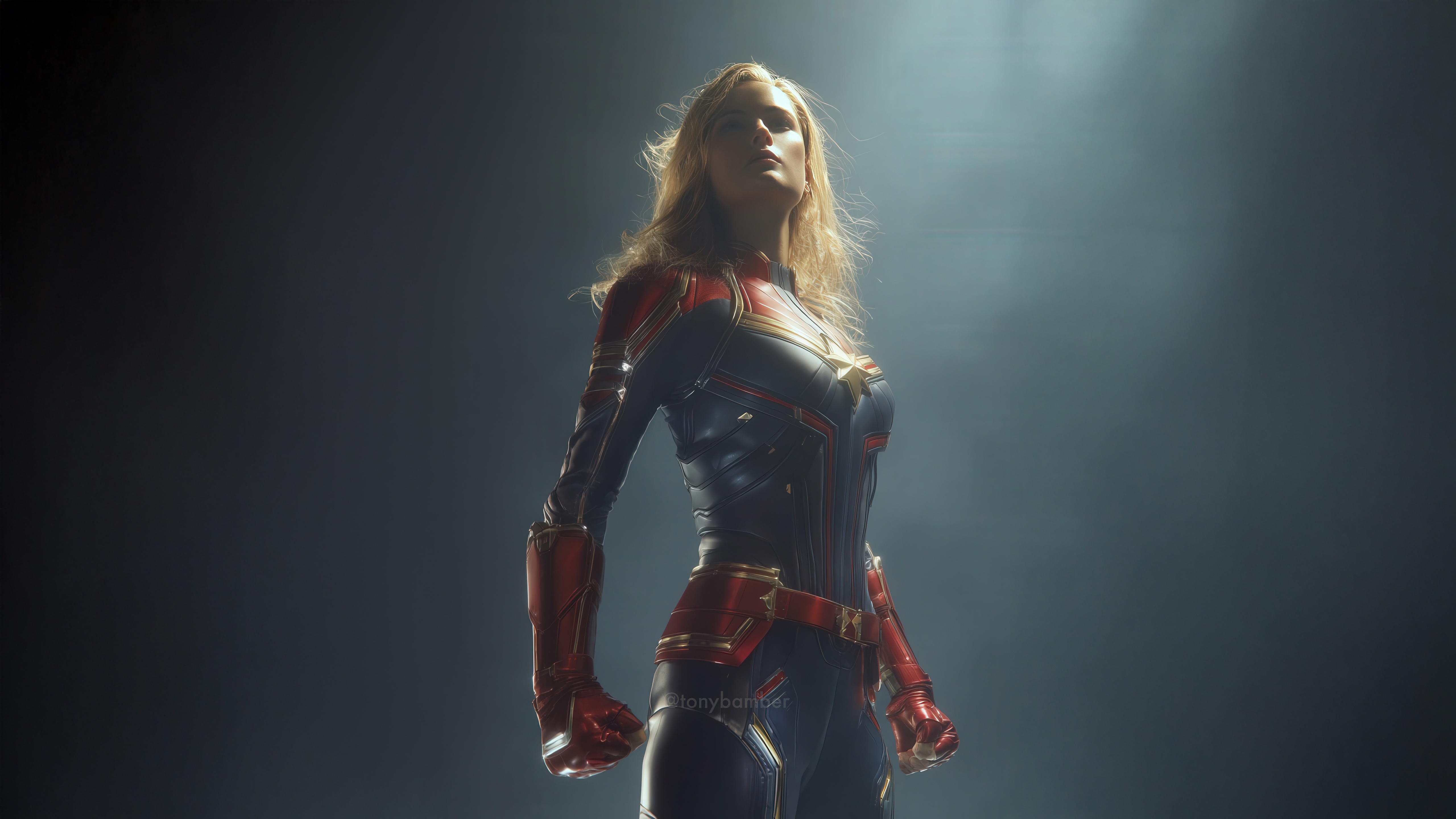 Captain Marvel in a dark, smoky environment HD Wallpaper