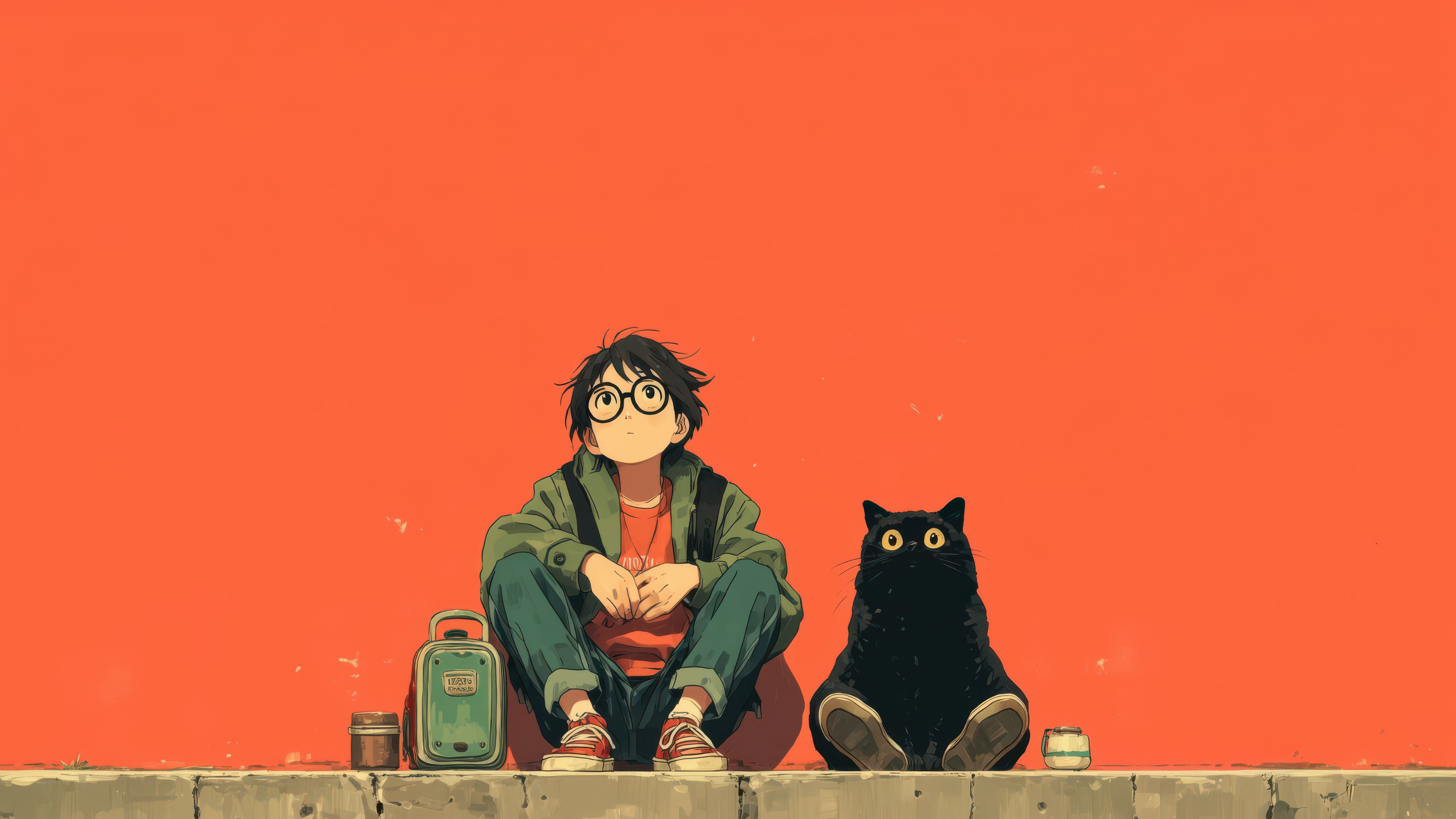 Boy and black cat sitting on a ledge HD Wallpaper