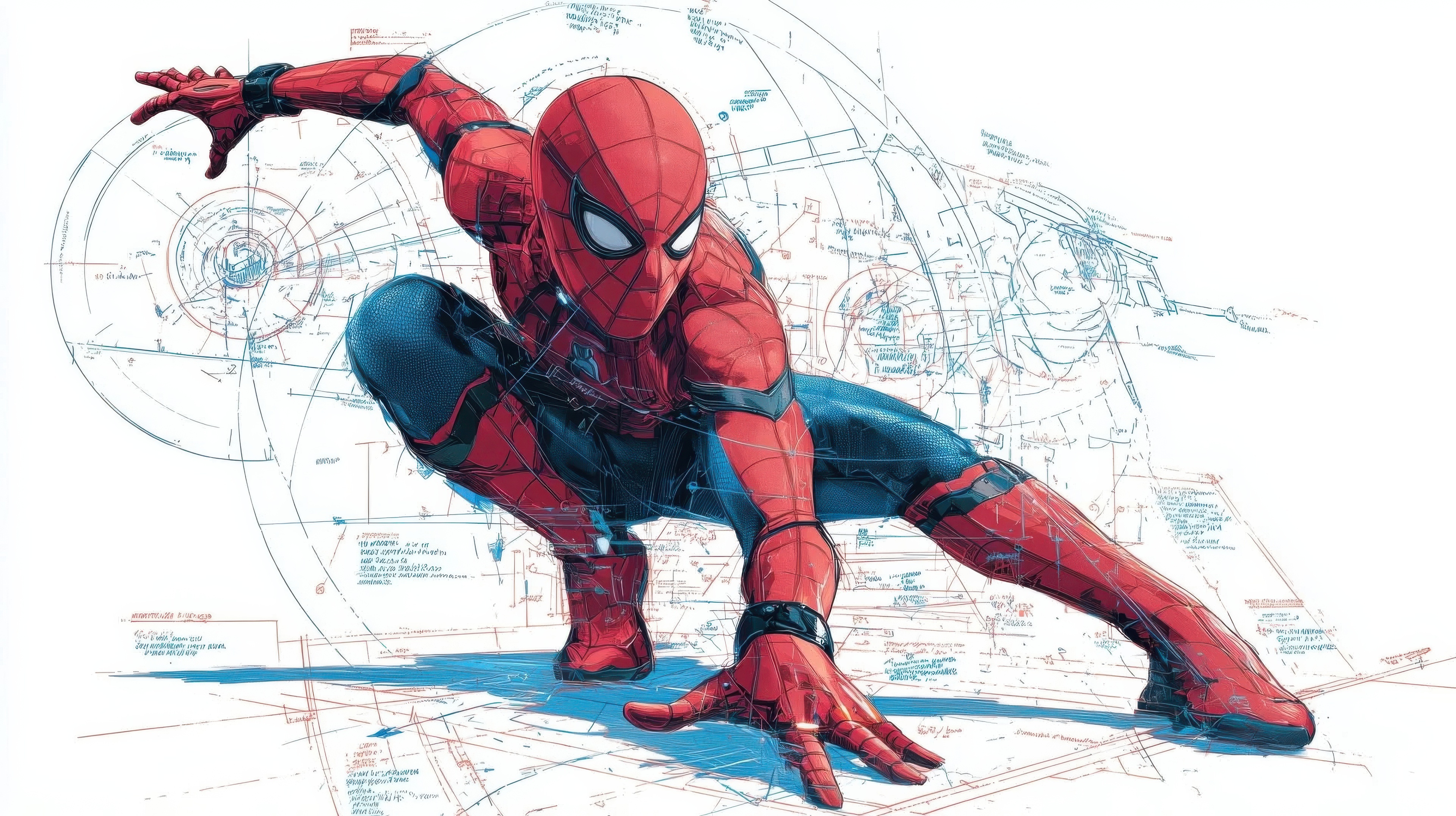 Spider-Man in High-Tech Suit with Blueprints HD Wallpaper