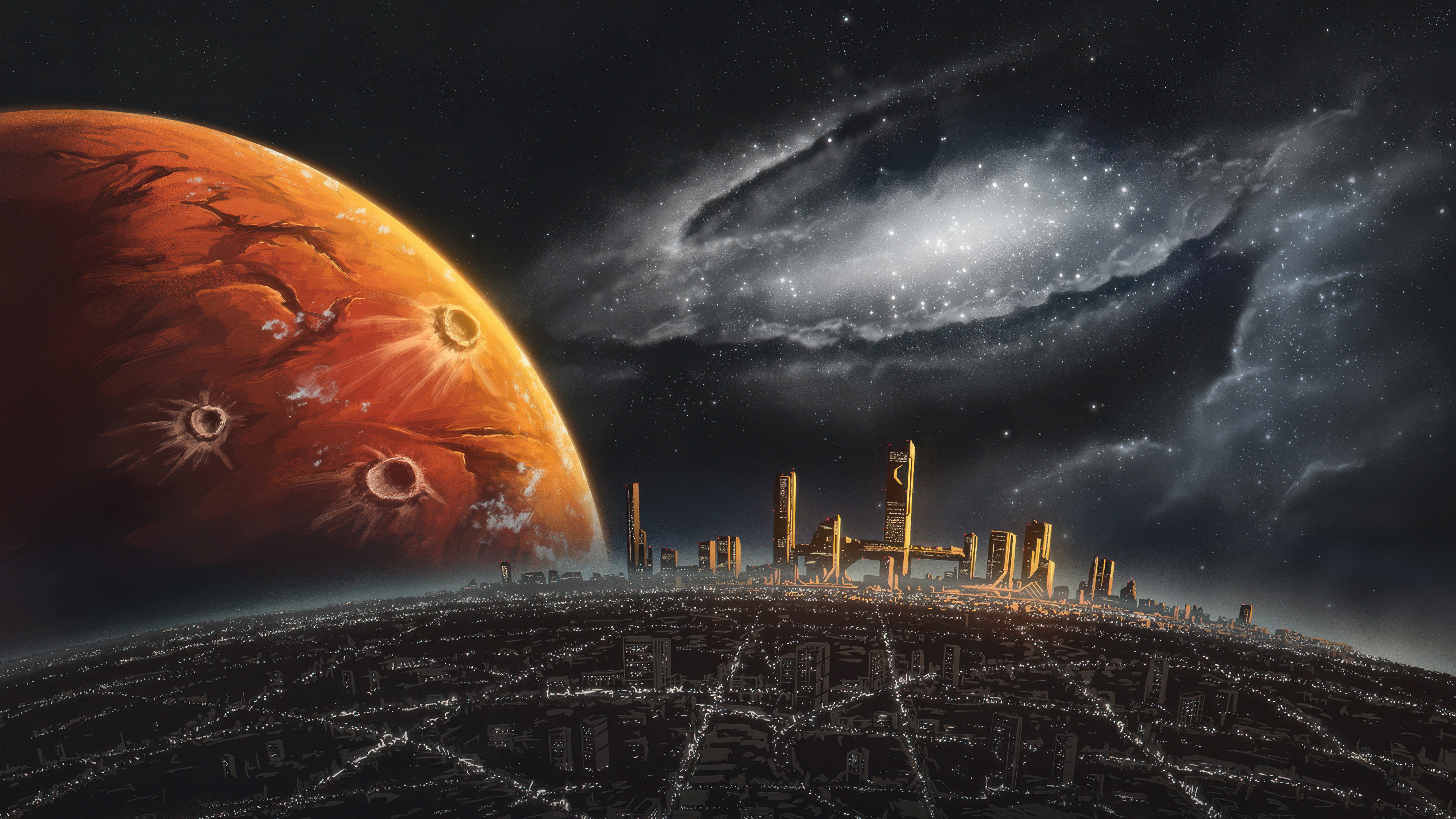 Mars and a futuristic city under a galaxy HD Wallpaper
